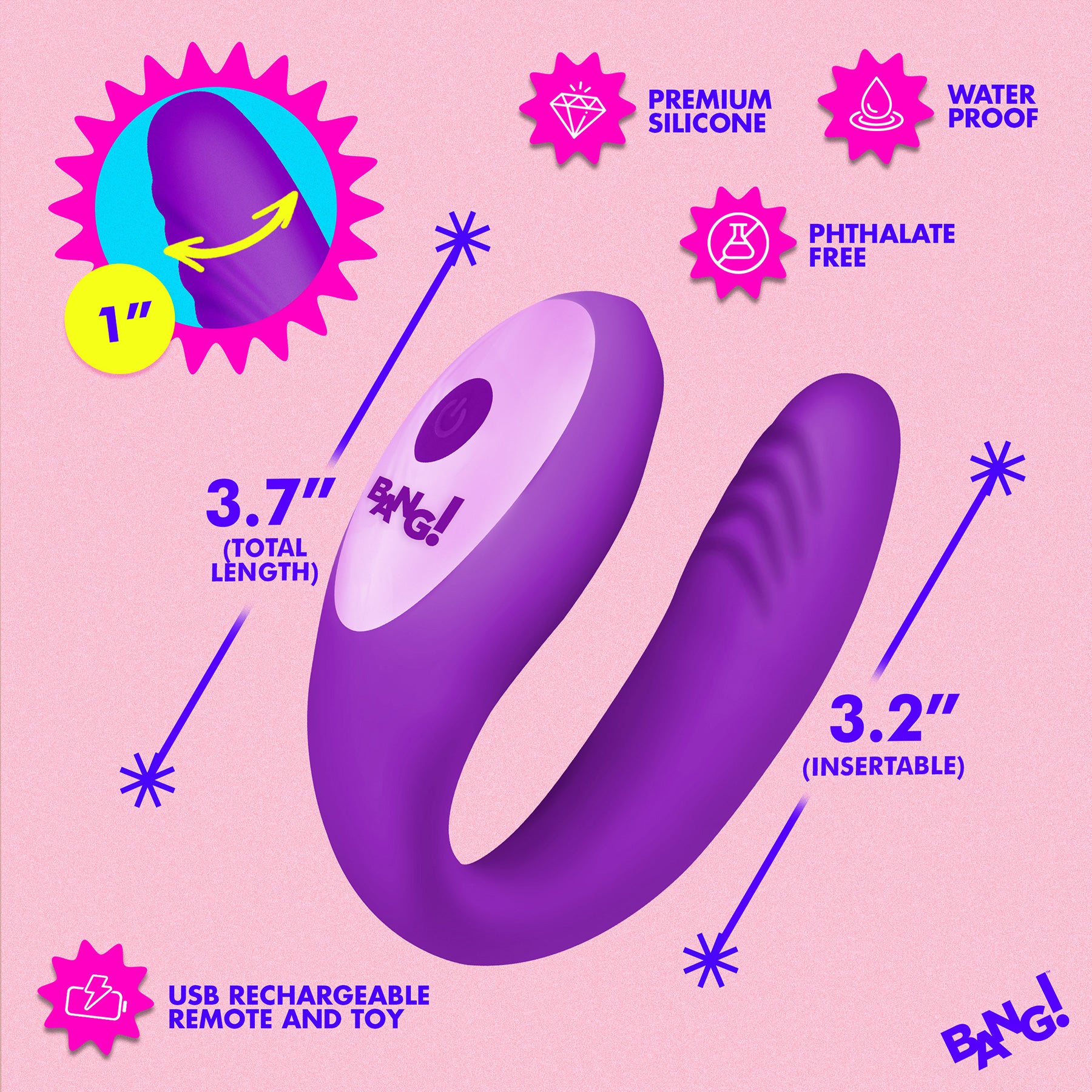 BANG! Gyrating G-Spot Rechargeable Silicone Dual Stimulation Vibrator With Remote - Purple