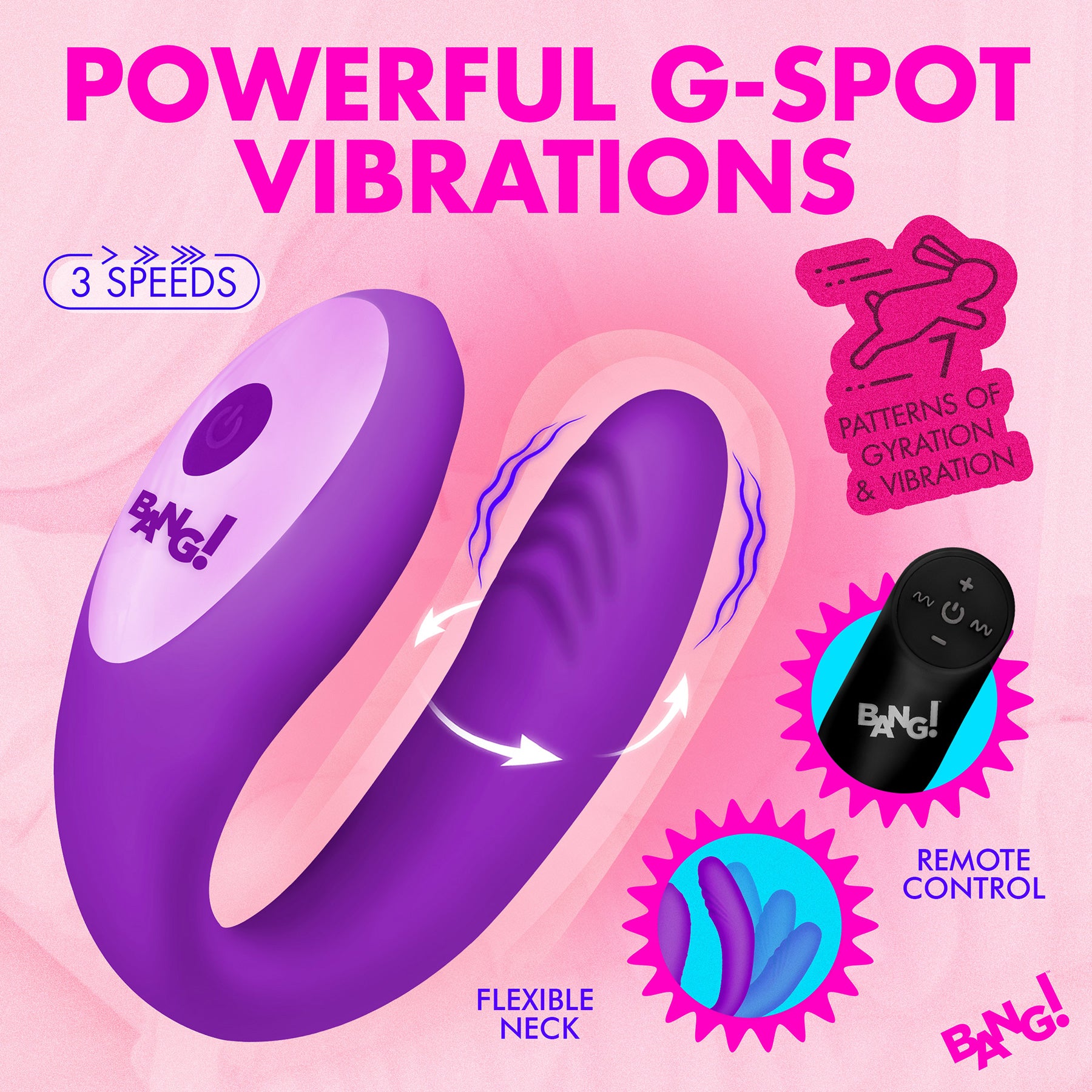 BANG! Gyrating G-Spot Rechargeable Silicone Dual Stimulation Vibrator With Remote - Purple