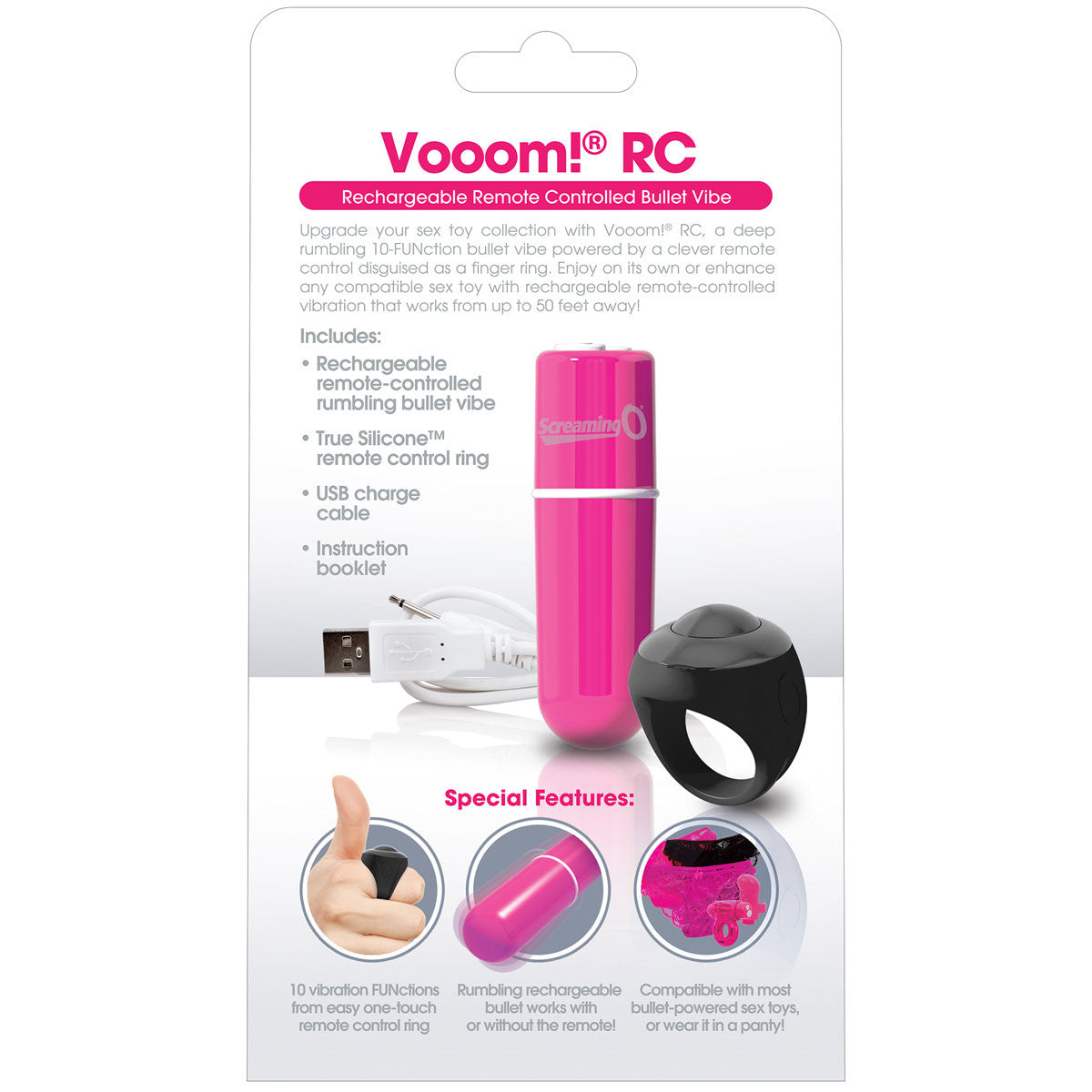 Charged Vooom Rechargeable 10 Function Remote Control Vibrator By Screaming O - Pink