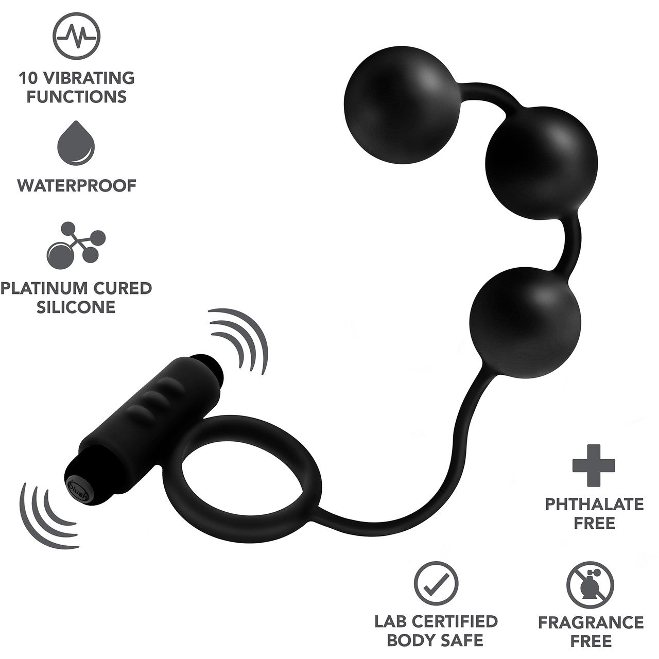 Anal Adventures Platinum Silicone Anal Beads With Vibrating Cock Ring By Blush - Black