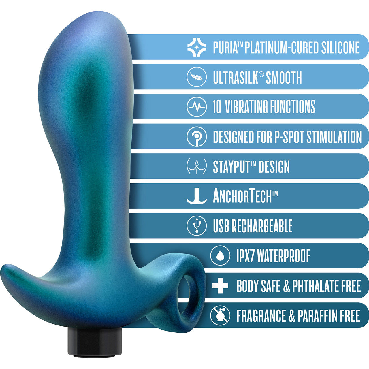 Anal Adventures Matrix Teleportation Silicone Rechargeable Vibrating Butt Plug By Blush - Lunar Blue