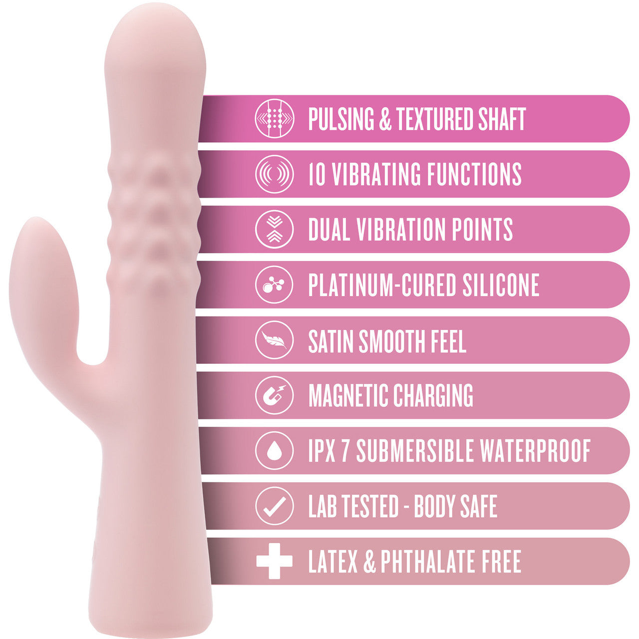 Jaymie Rechargeable Waterproof Silicone Rabbit Vibrator With Pulsating Shaft By Blush - Pink