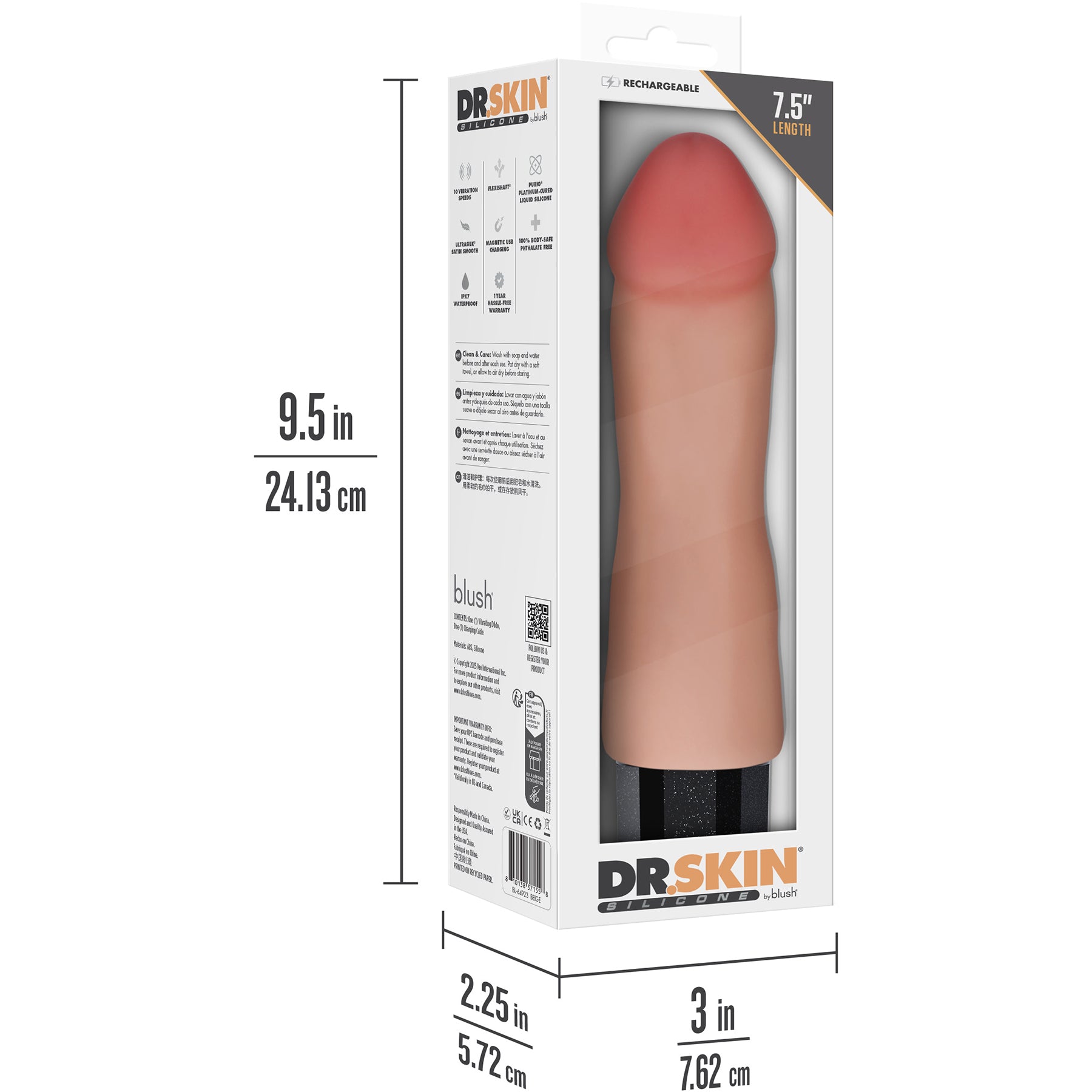 Dr. Skin Silicone Dr. Avery Waterproof Vibrating 7.5" Dildo By Blush