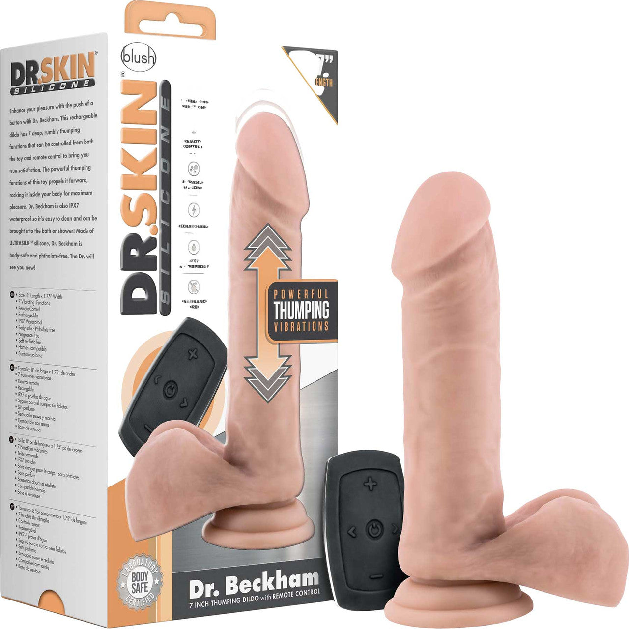 Dr. Skin Dr. Dylan 7" Thumping Silicone Suction Cup Dildo With Balls & Remote By Blush - Vanilla