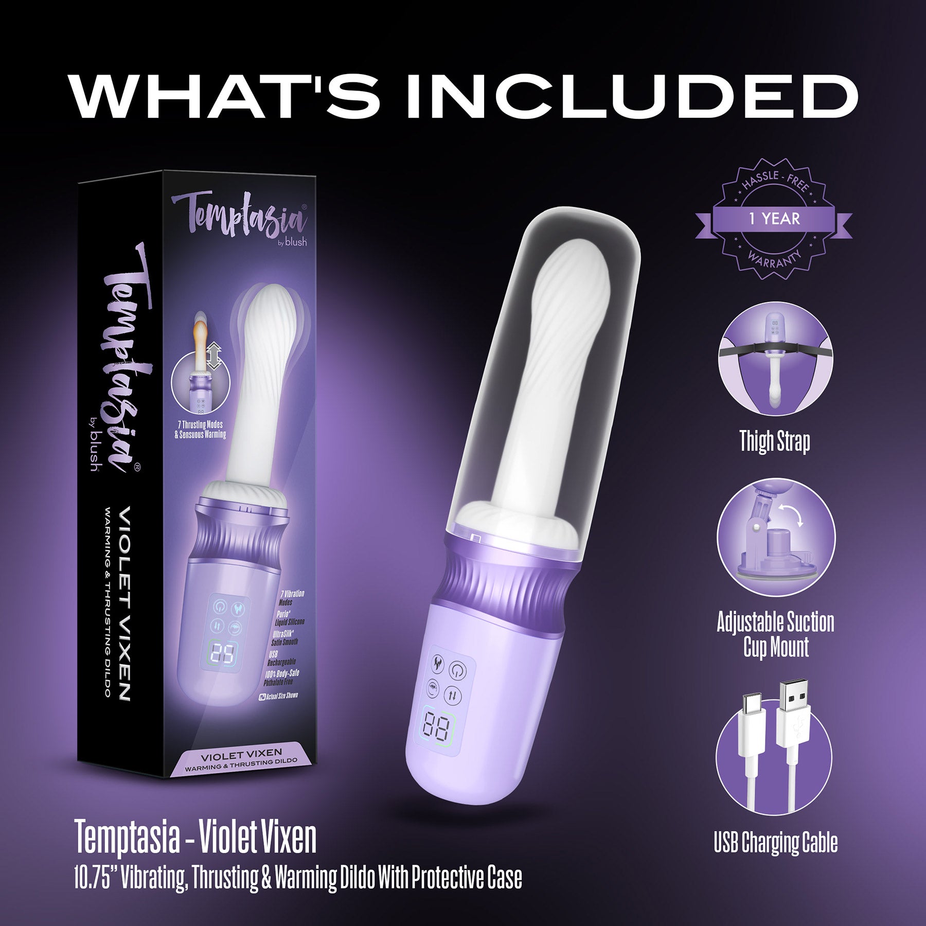 Temptasia By Blush Violet Vixen Rechargeable Silicone Thrusting Dildo Vibrator With Suction Cup Mount