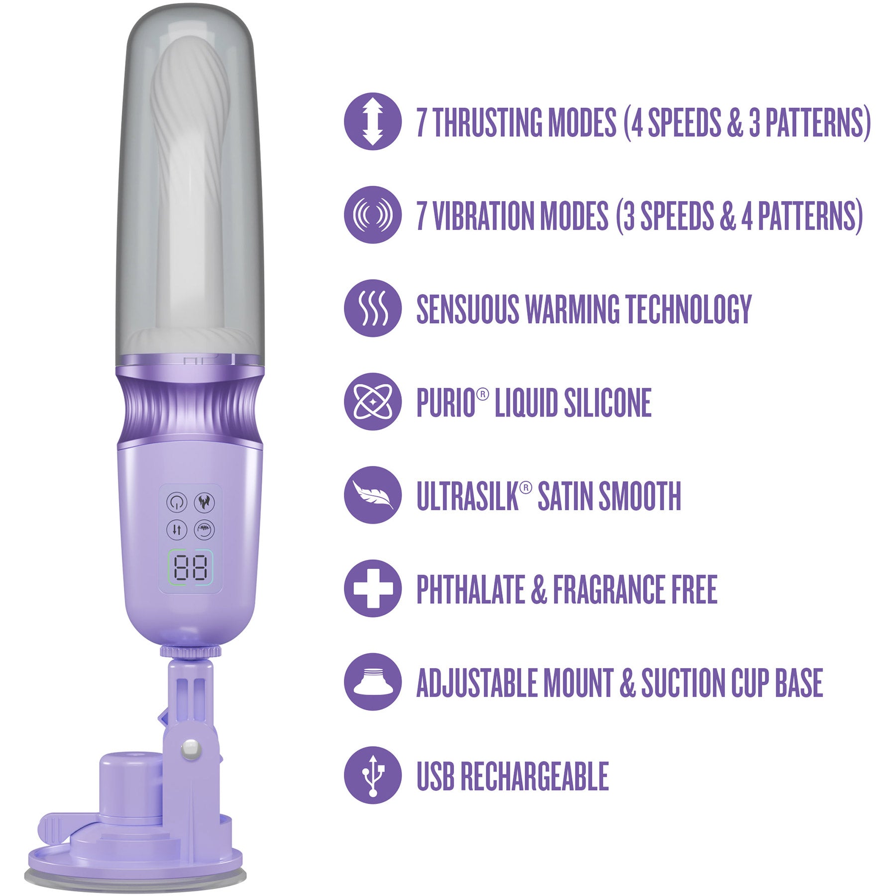 Temptasia By Blush Violet Vixen Rechargeable Silicone Thrusting Dildo Vibrator With Suction Cup Mount