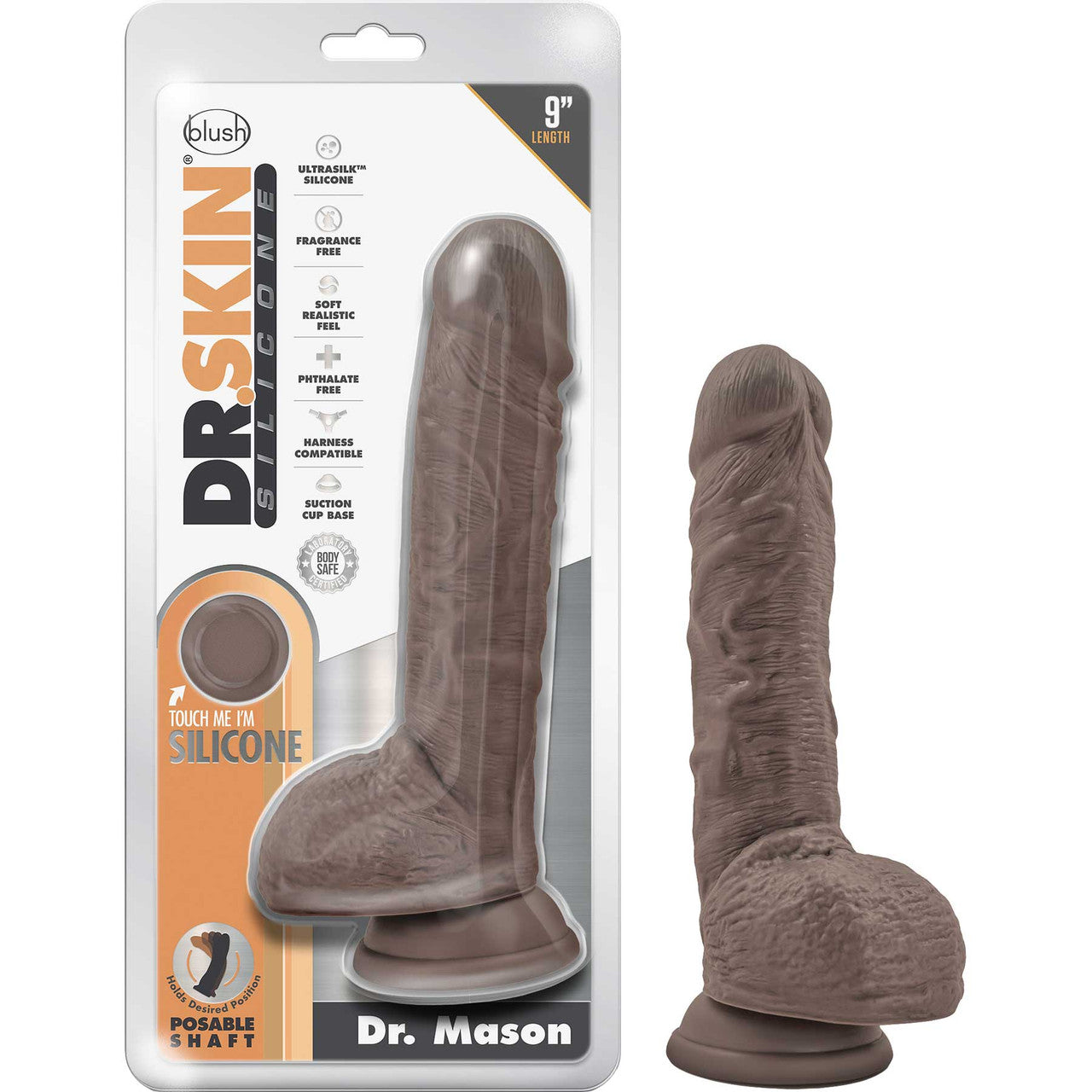 Dr. Skin Dr. Mason 8.75" Realistic Posable Silicone Suction Cup Dildo With Balls By Blush - Chocolate