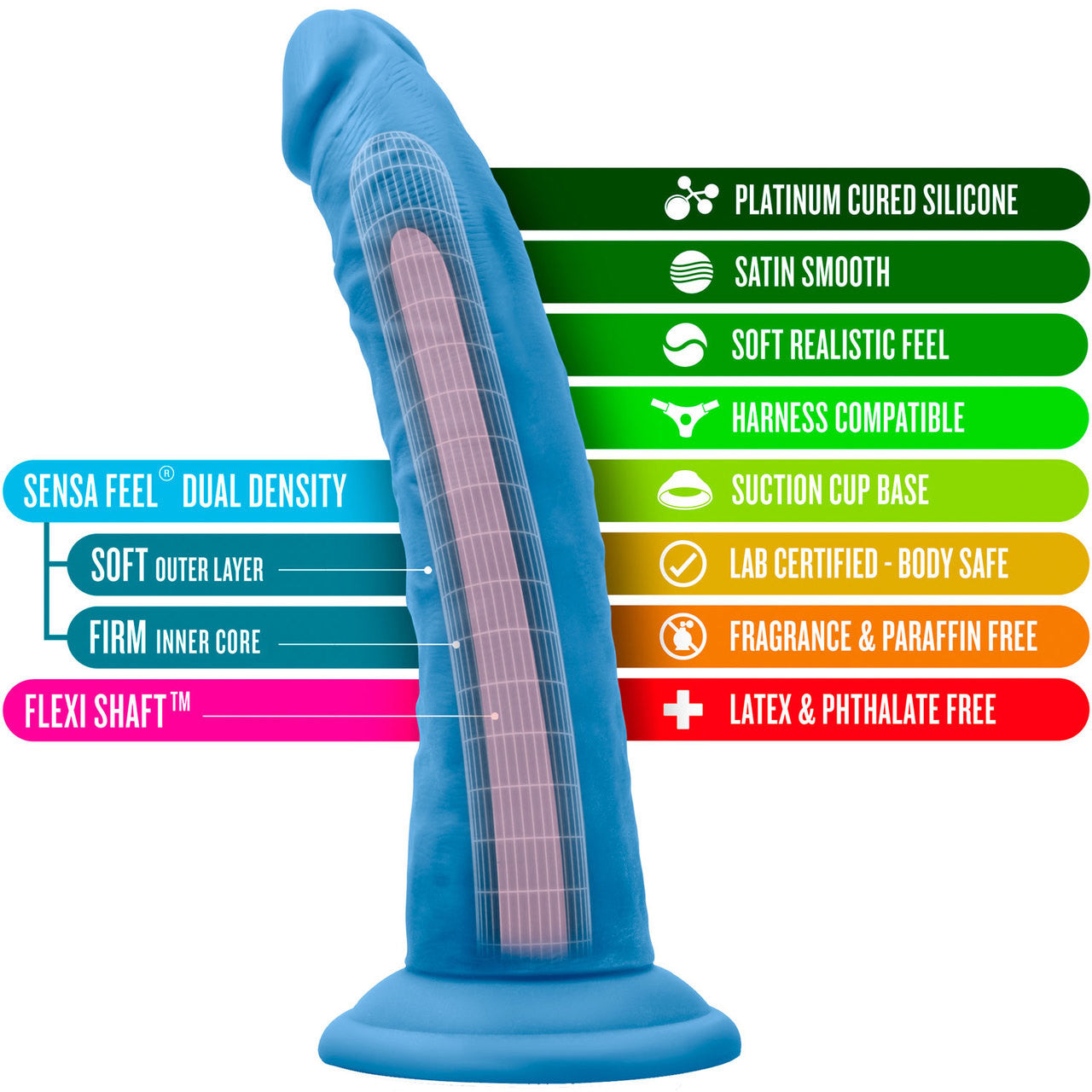 Neo Elite 7.5 Inch Dual Density Realistic Silicone Dildo by Blush - Neon Blue