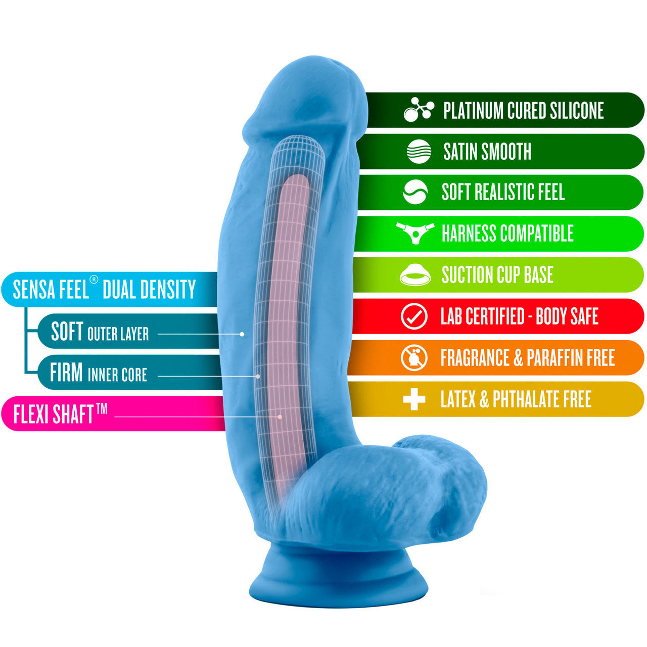 Neo Elite 7 Inch Dual Density Realistic Silicone Dildo With Balls by Blush - Neon Blue