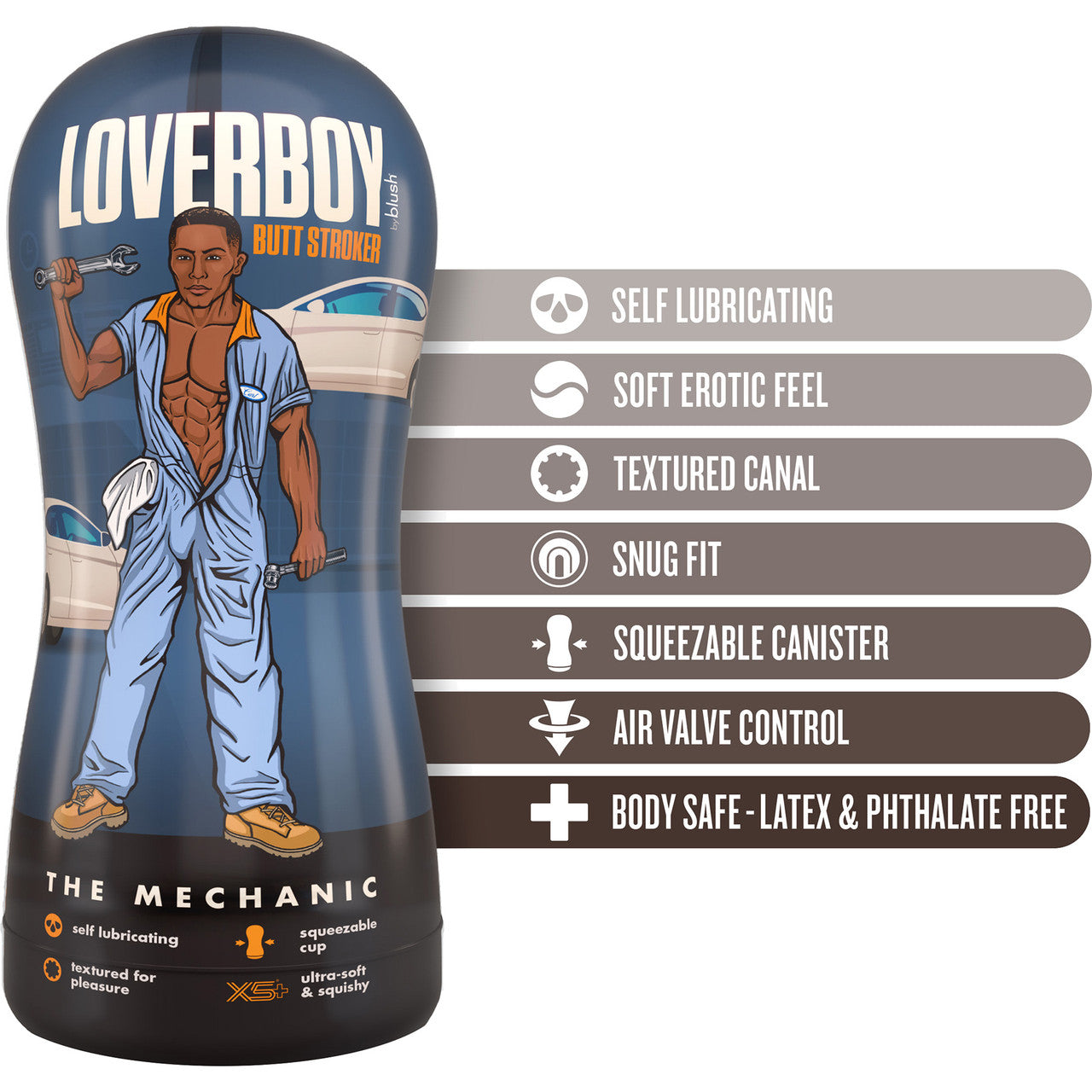 Loverboy The Mechanic Self Lubricating Anal Penis Stroker By Blush - Chocolate