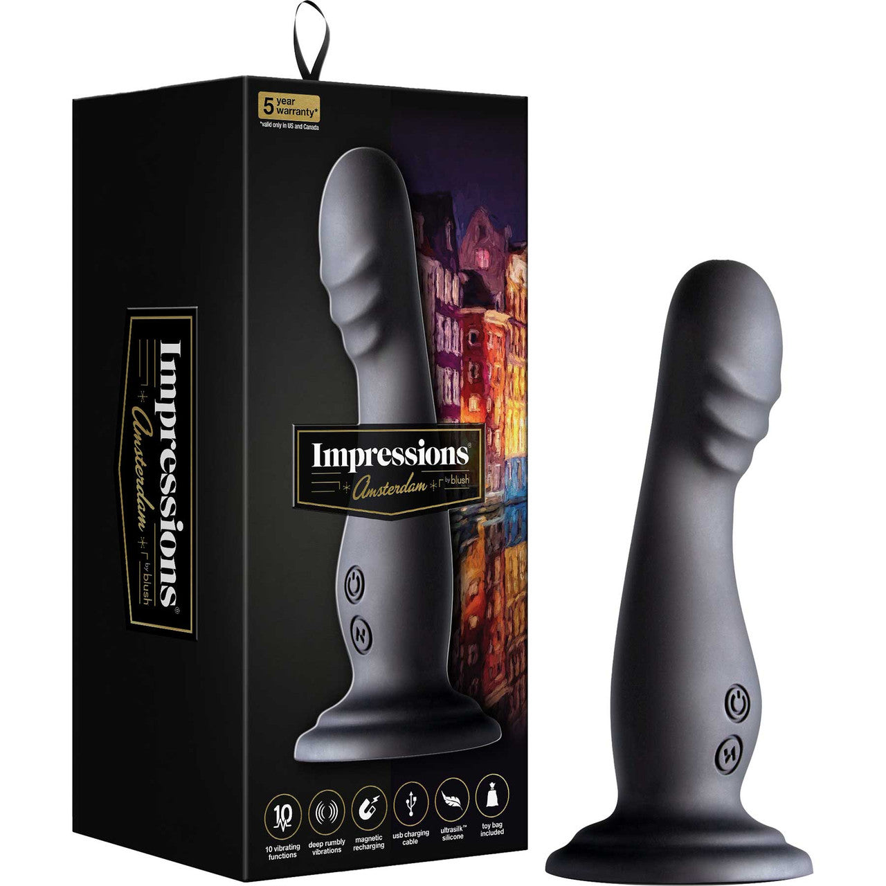 Impressions Amsterdam Rechargeable Waterproof Silicone G-Spot Vibrator With Suction Cup By Blush - Black