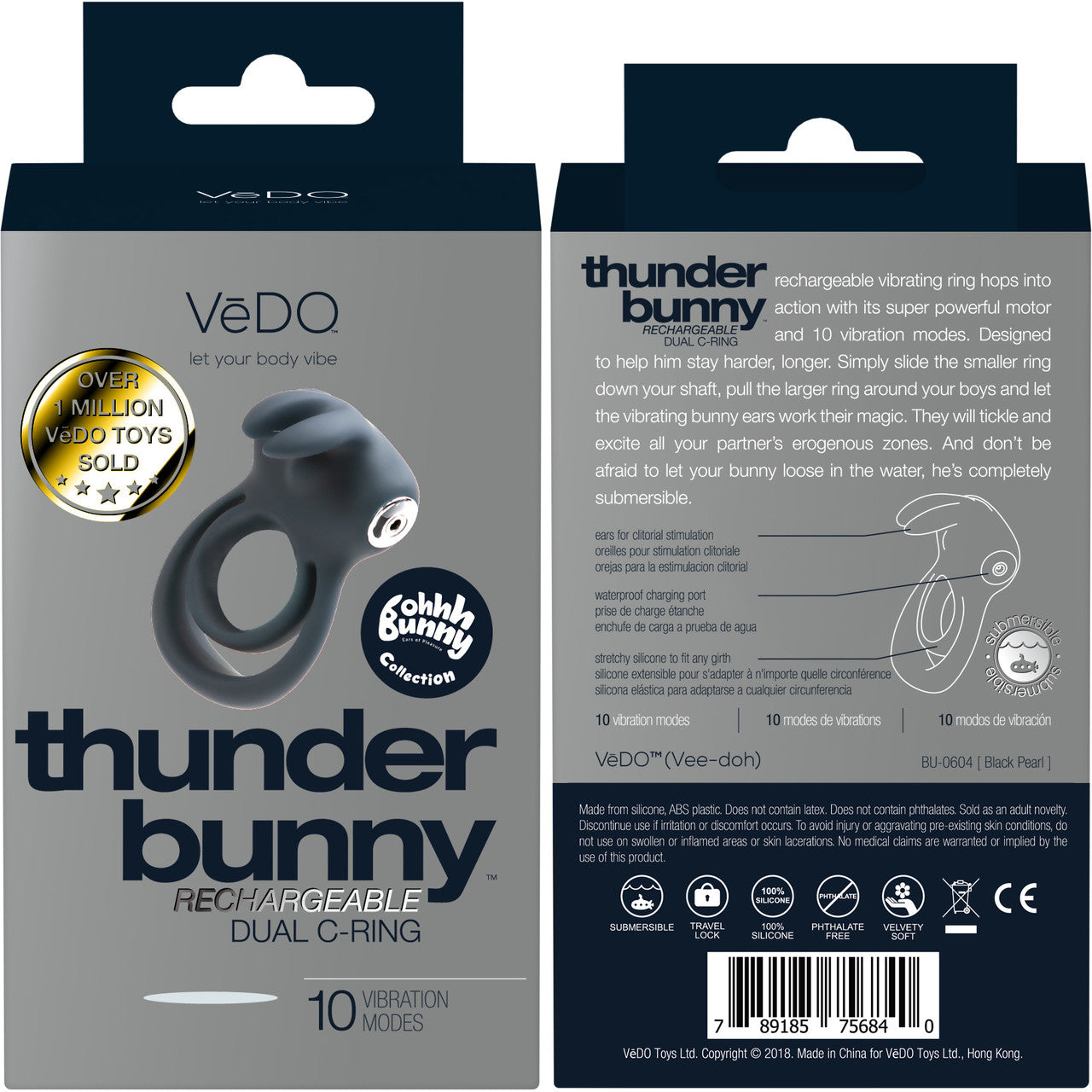 Thunder Bunny Rechargeable Silicone Dual Cock Ring By VeDO - Just Black