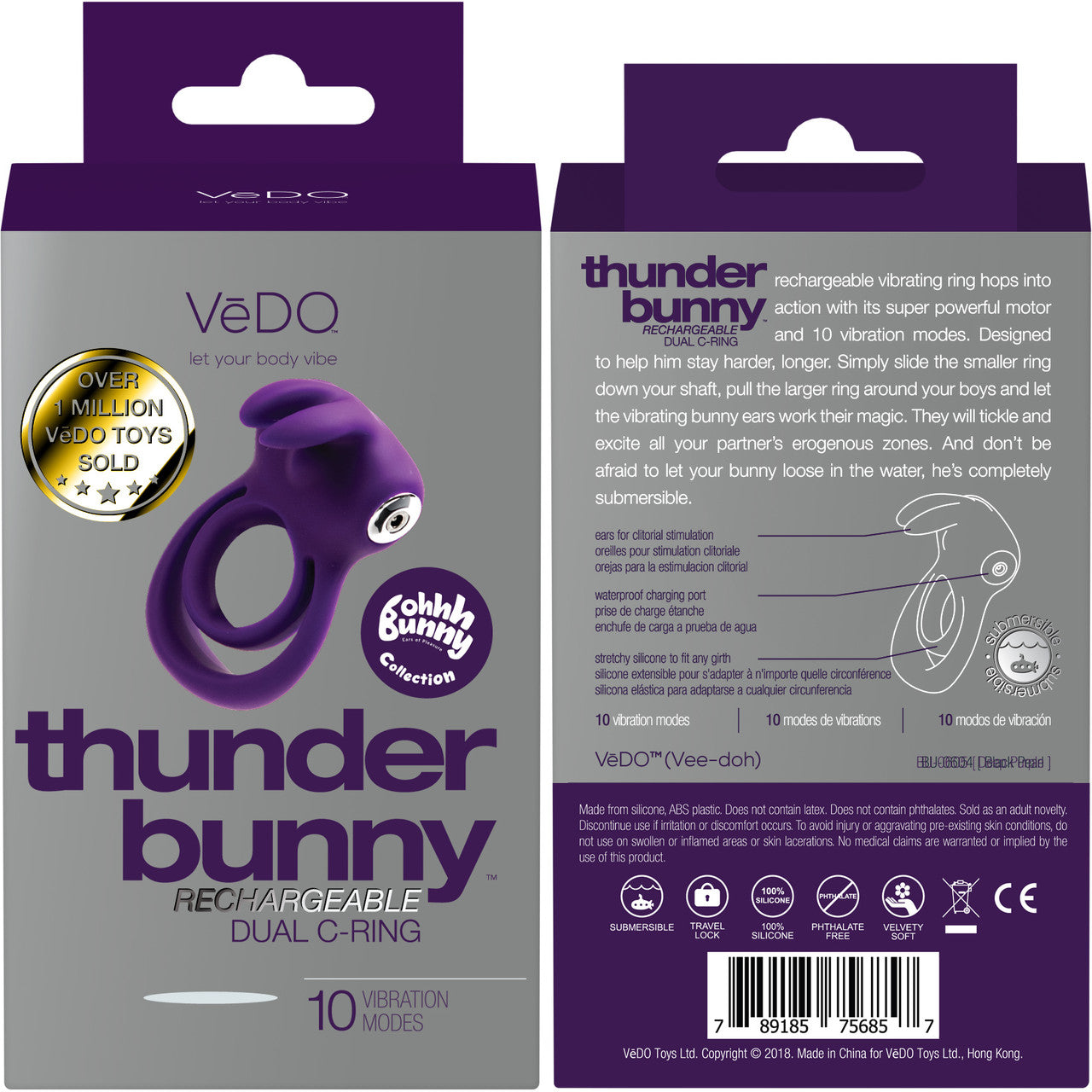 Thunder Bunny Rechargeable Silicone Dual Cock Ring By VeDO - Deep Purple