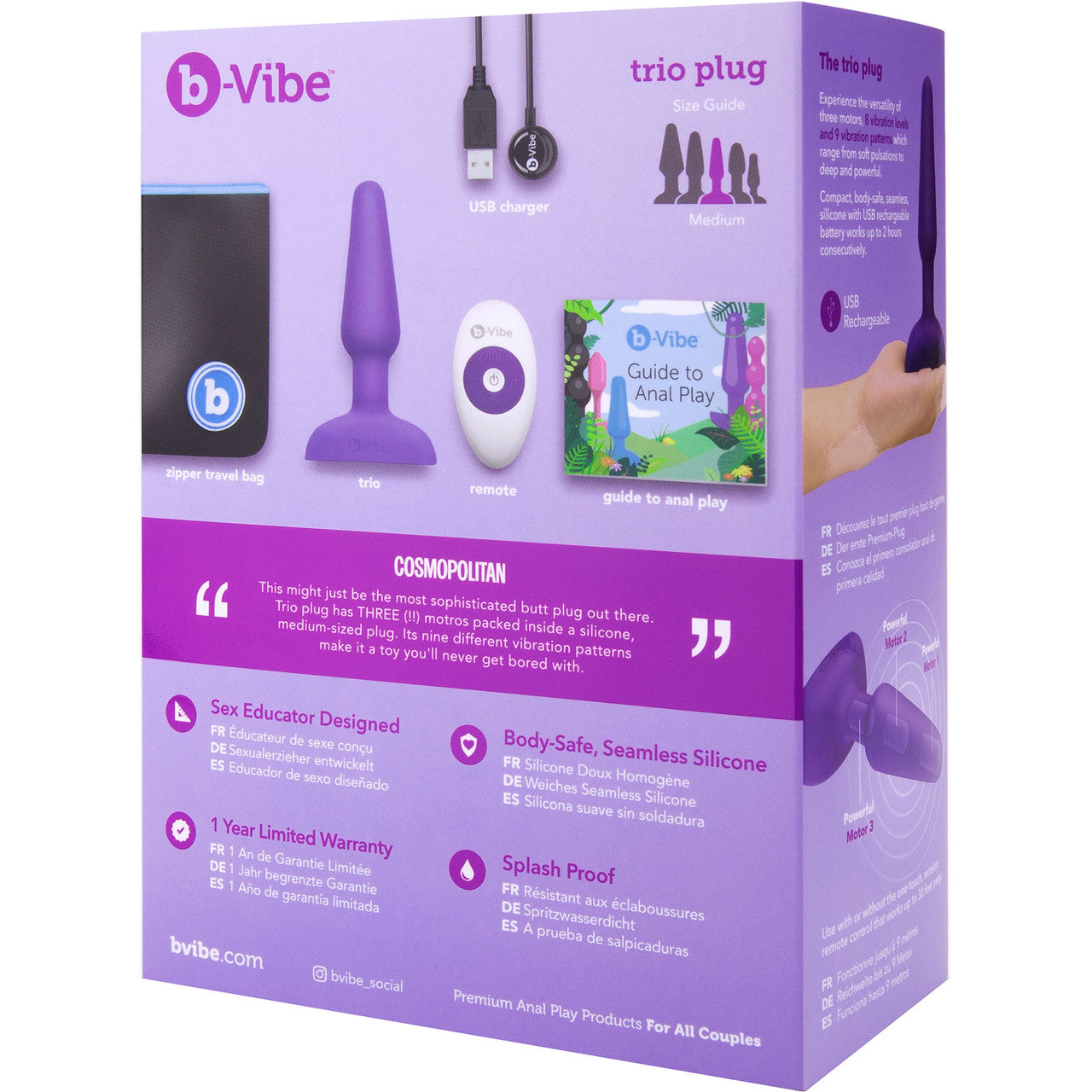 b-Vibe Trio Plug 2 Vibrating Silicone Anal Plug With Remote - Purple