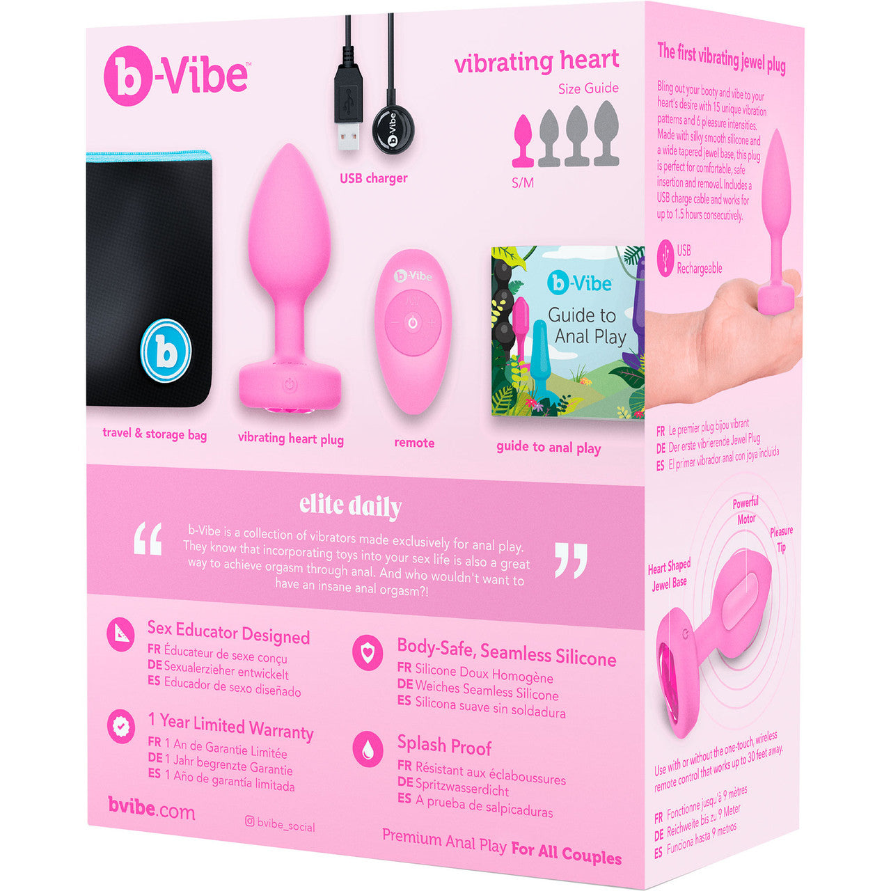 b-Vibe Vibrating Heart Silicone Rechargeable Anal Plug With Remote - Small / Medium