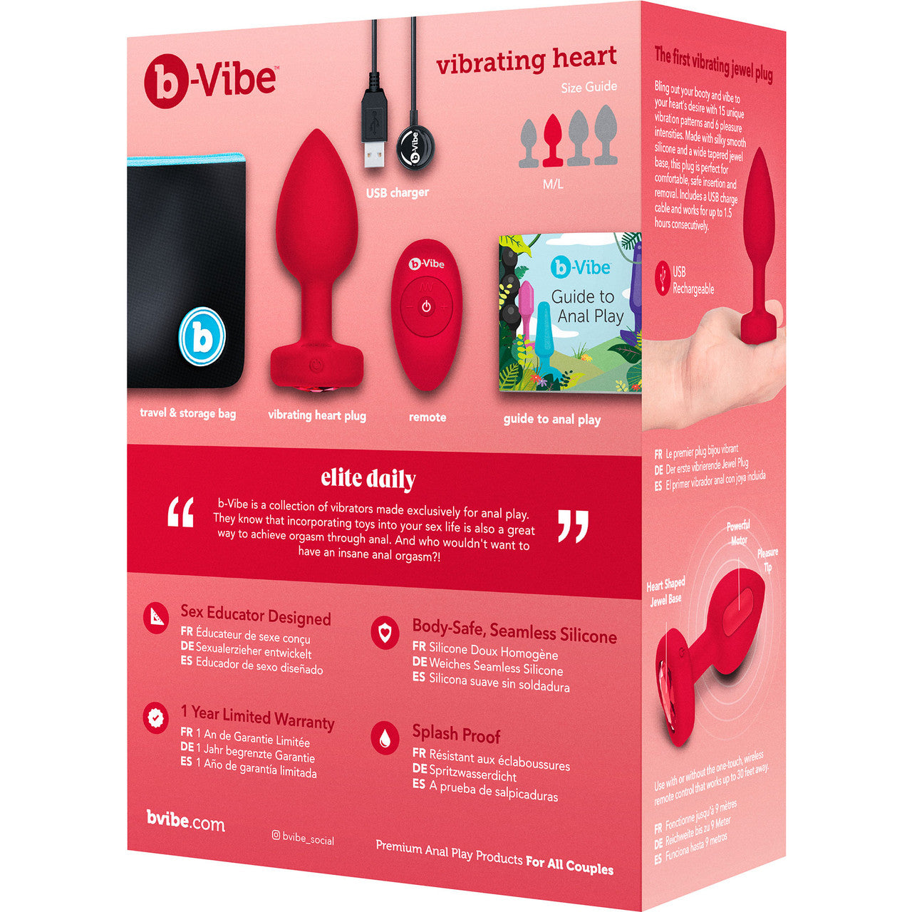 b-Vibe Vibrating Heart Silicone Rechargeable Anal Plug With Remote - Medium / Large