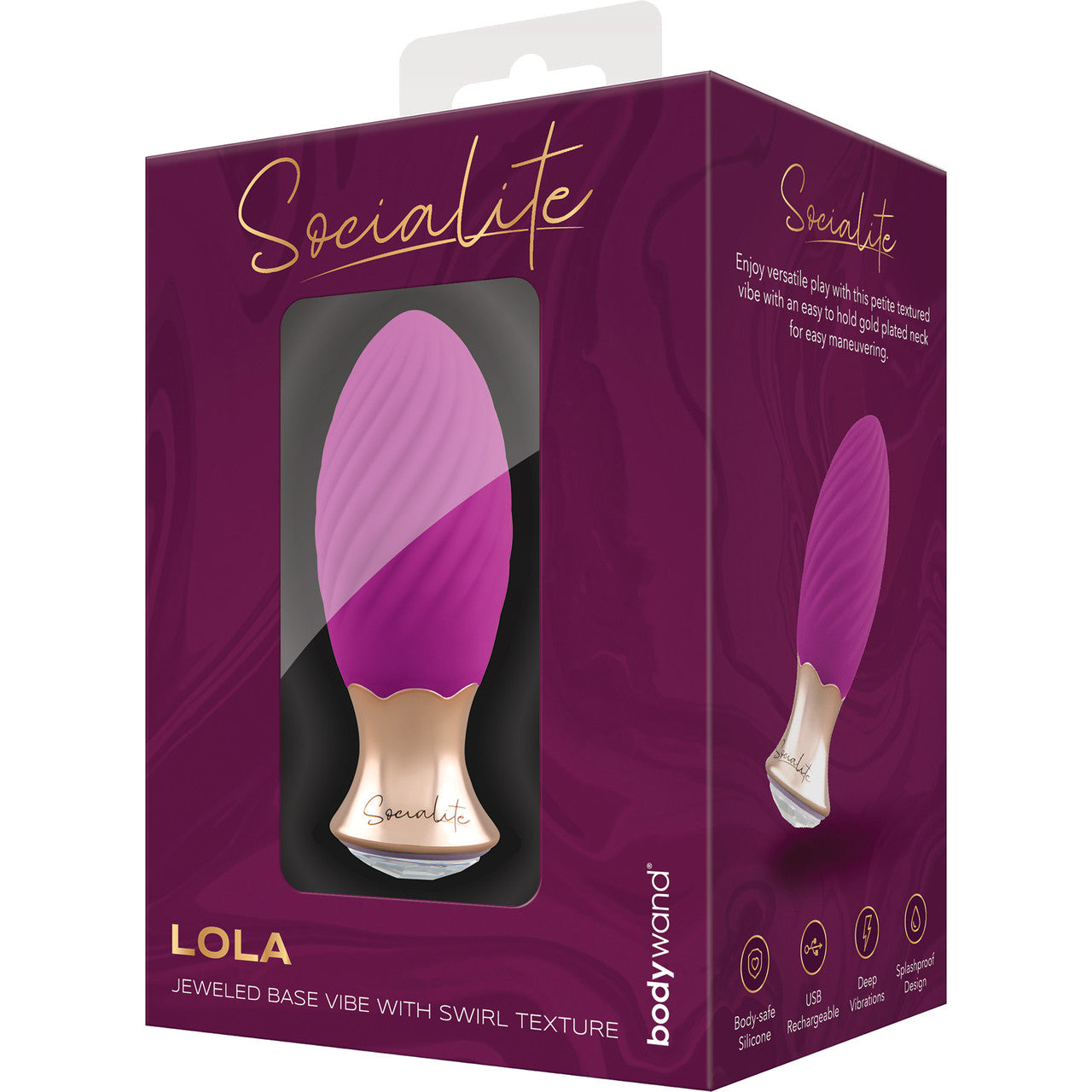 Socialite LOLA Rechargeable Silicone Jeweled Base Vibrator With Swirl Texture By Bodywand - Purple