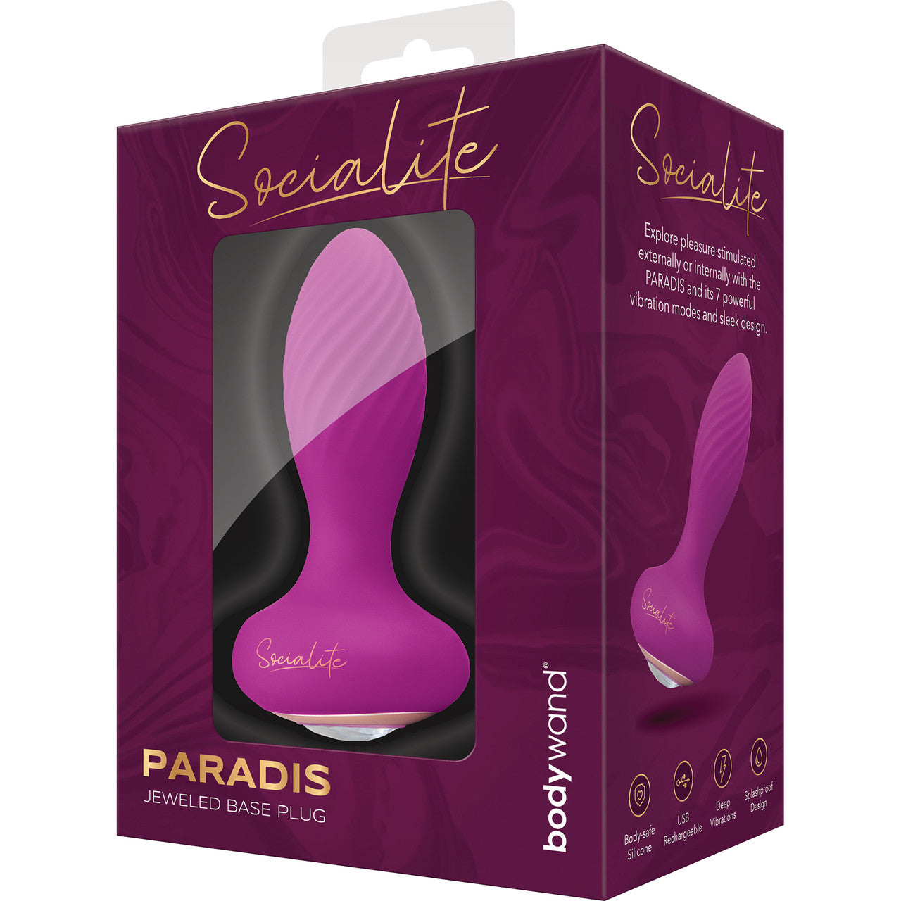 Socialite PARADIS Rechargeable Silicone Vibrating Jeweled Base Butt Plug By Bodywand - Purple