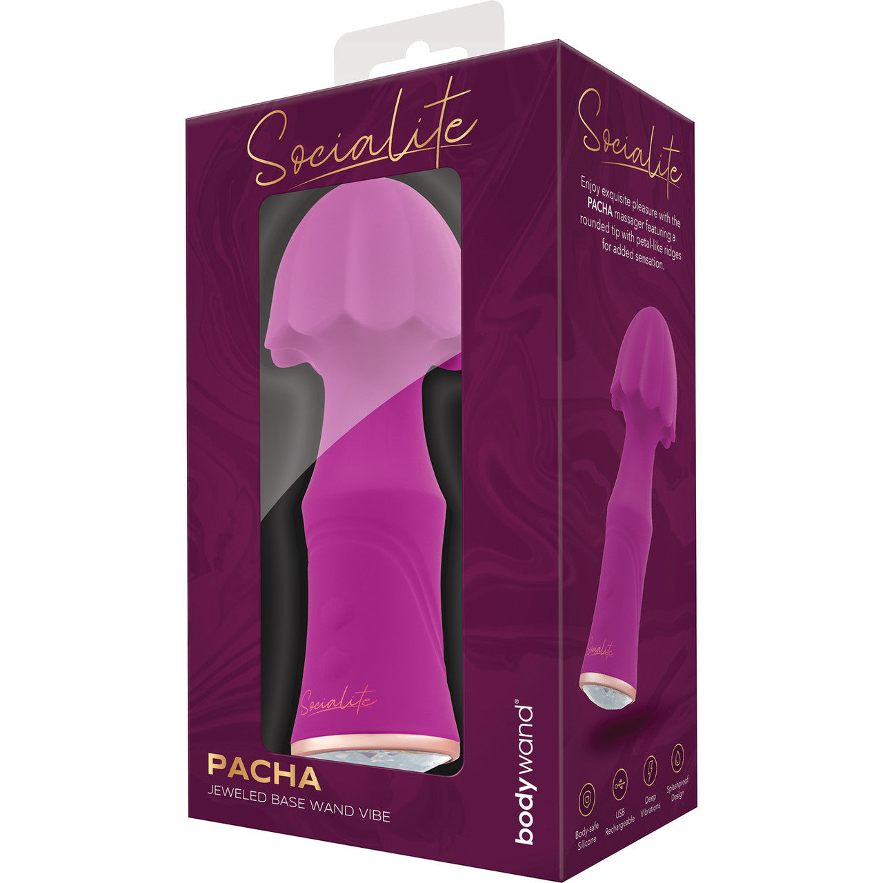 Socialite PACHA Rechargeable Silicone Jeweled Base Wand Style Vibrator By Bodywand - Purple