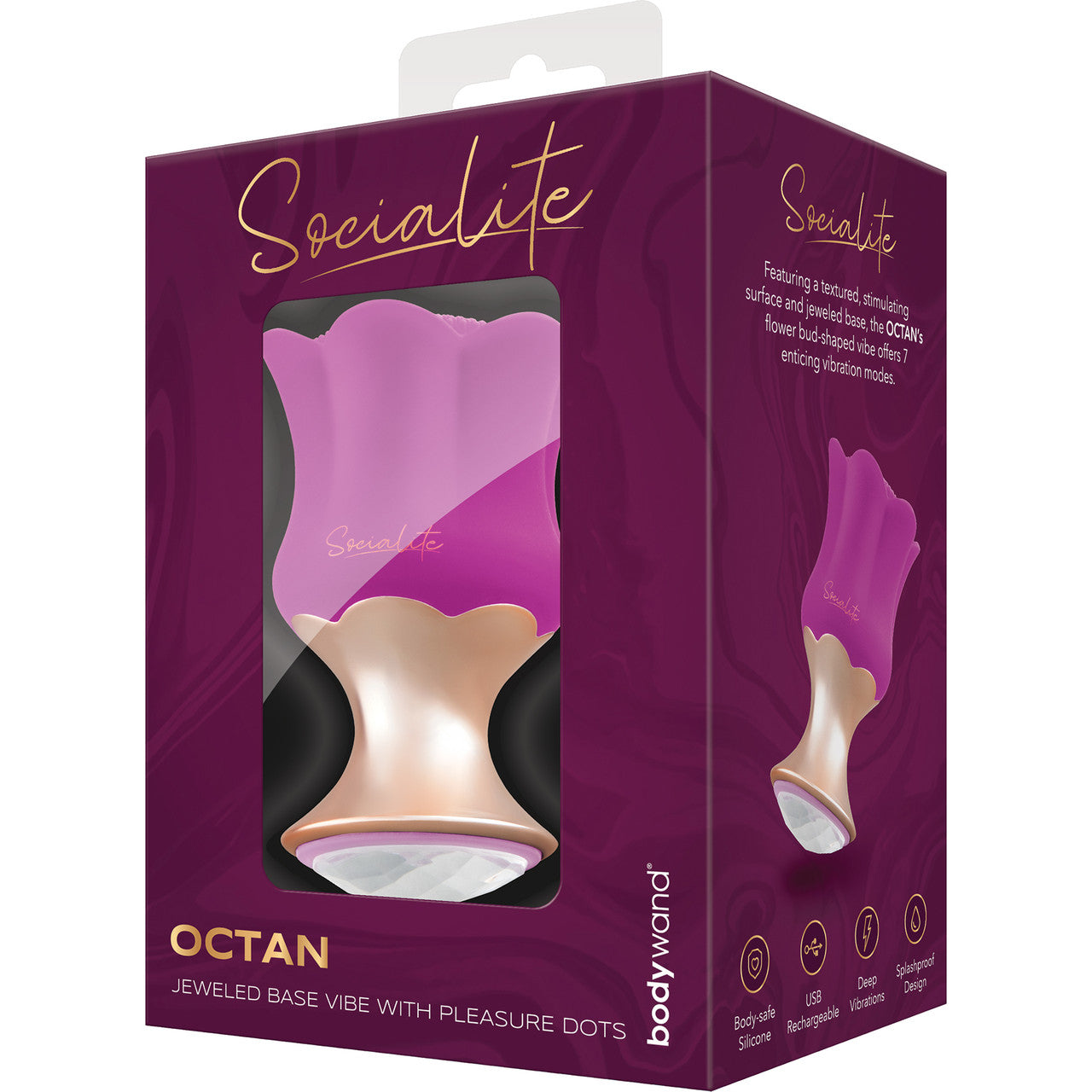 Socialite OCTAN Rechargeable Silicone Jeweled Base Vibrator With Pleasure Dots By Bodywand - Purple