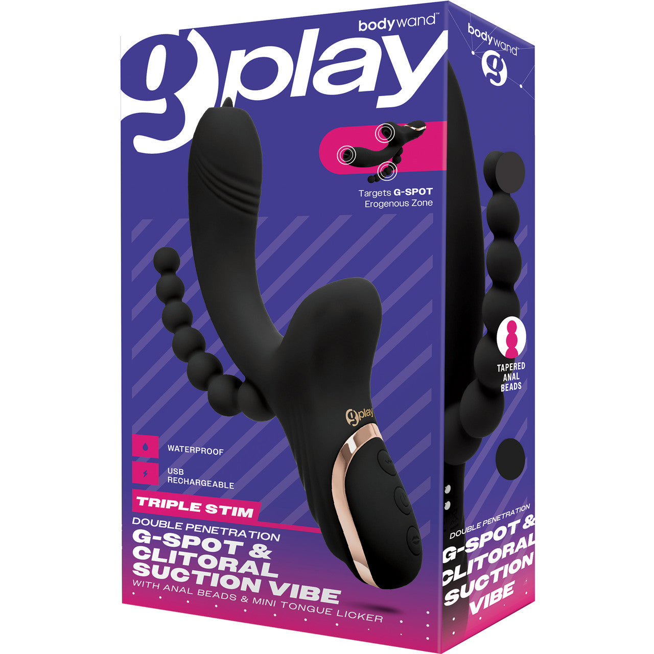 G-Play Triple Stim Flickering Tongue G-Spot & Clitoral Suction Vibrator With Anal Beads By Bodywand - Black