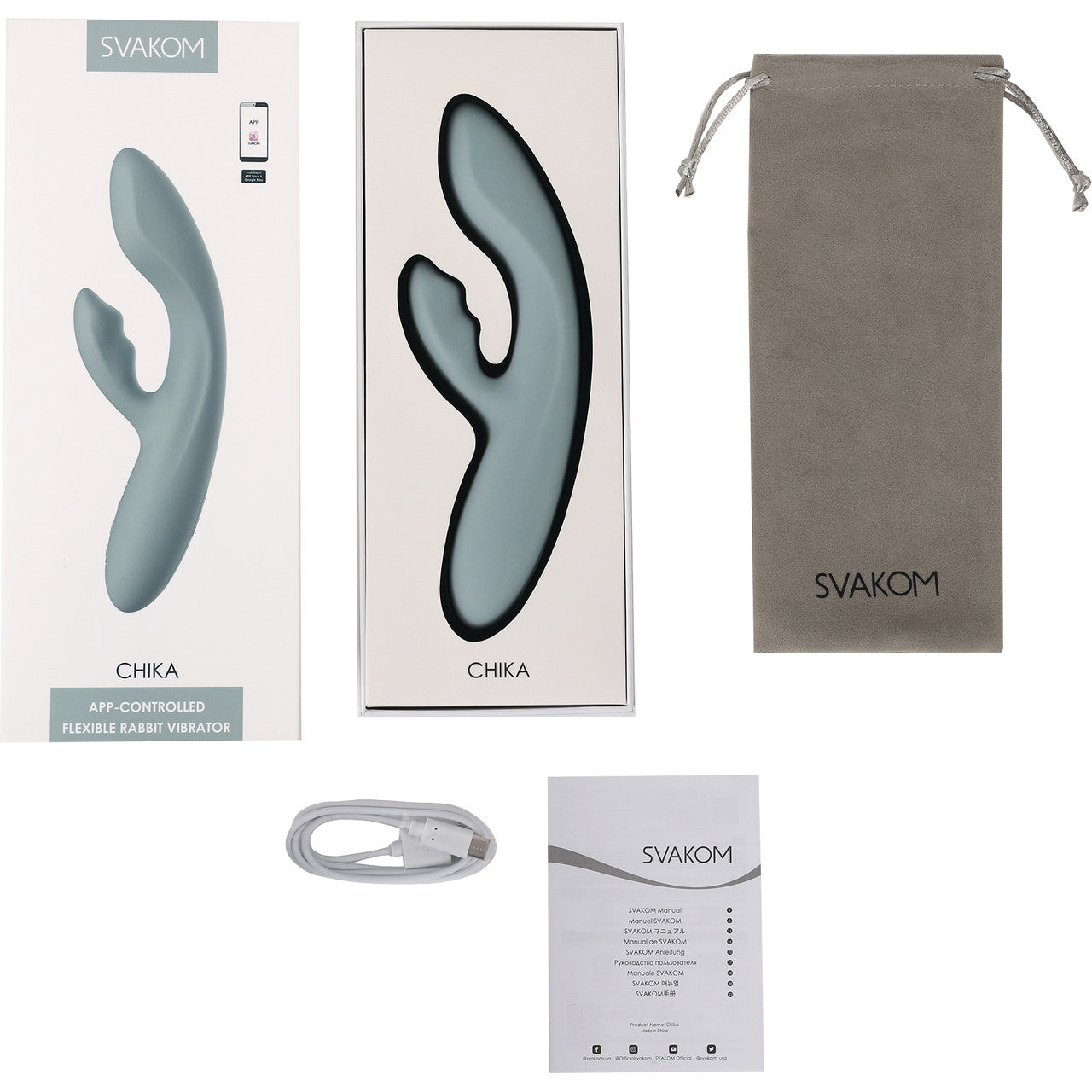 SVAKOM Chika Rechargeable Waterproof Silicone App Enabled Warming Dual Stimulation Vibrator - Turquoise Gray