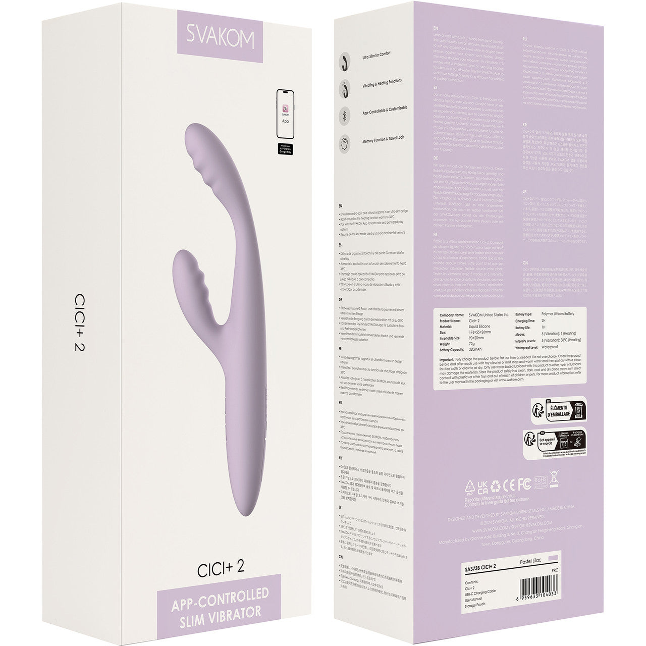 SVAKOM CICI+ 2 Rechargeable Warming App Controlled Silicone Dual Stimulation Vibrator - Pastel Lilac