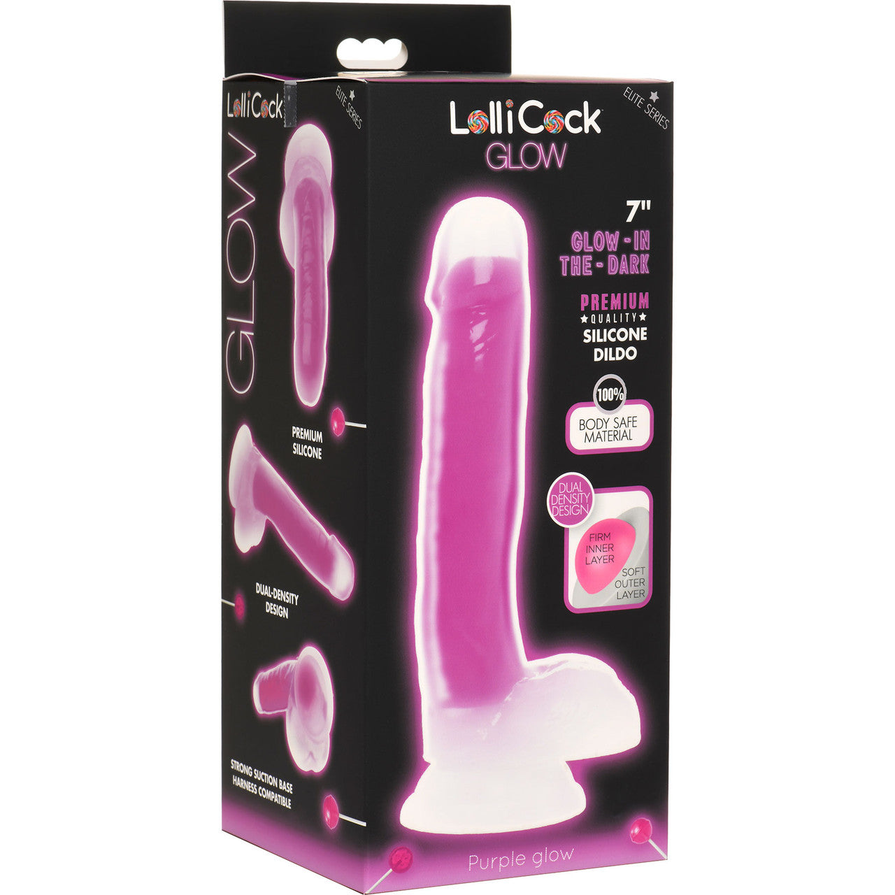 Lollicock Glow In The Dark 8.2" Silicone Suction Cup Dildo With Balls - Purple