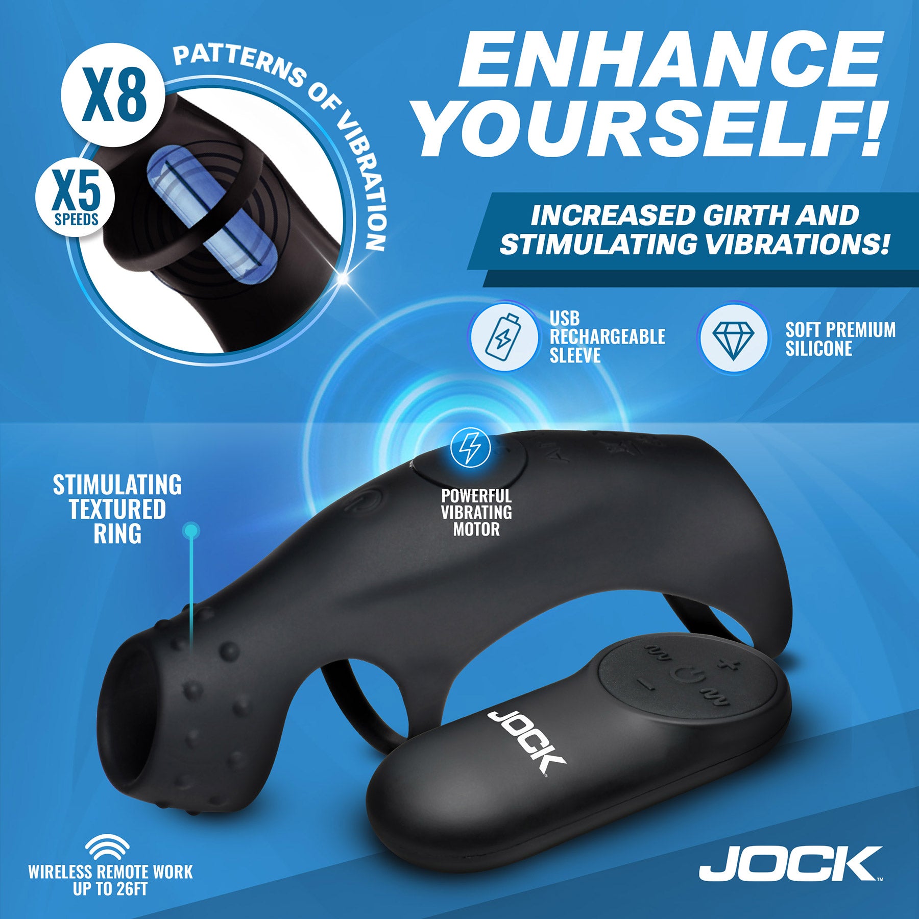 Jock Rush Vibrating Penis Sleeve Rechargeable Cock Ring with Remote