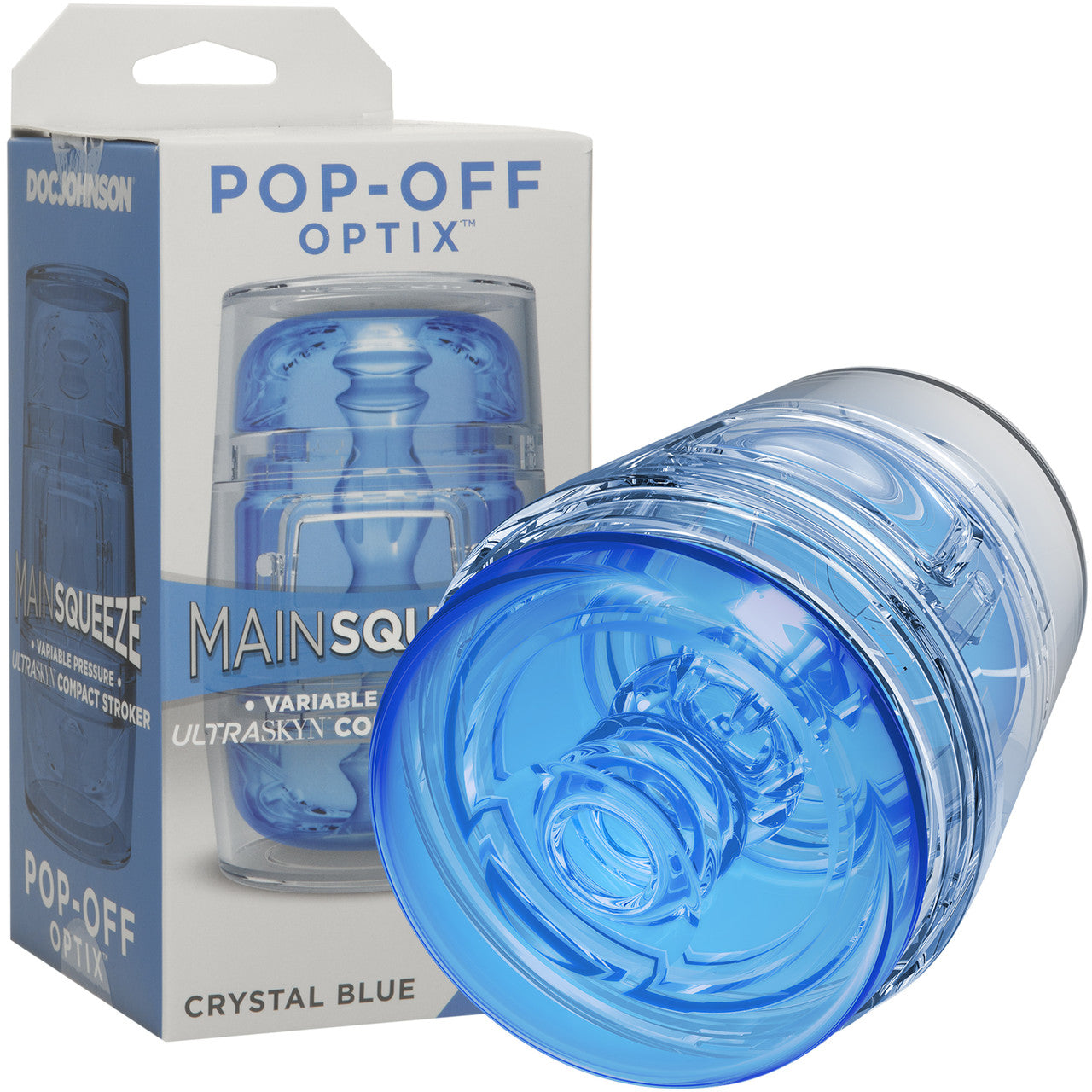 Main Squeeze Pop Off Optix Compact Penis Masturbator by Doc Johnson - Crystal Blue