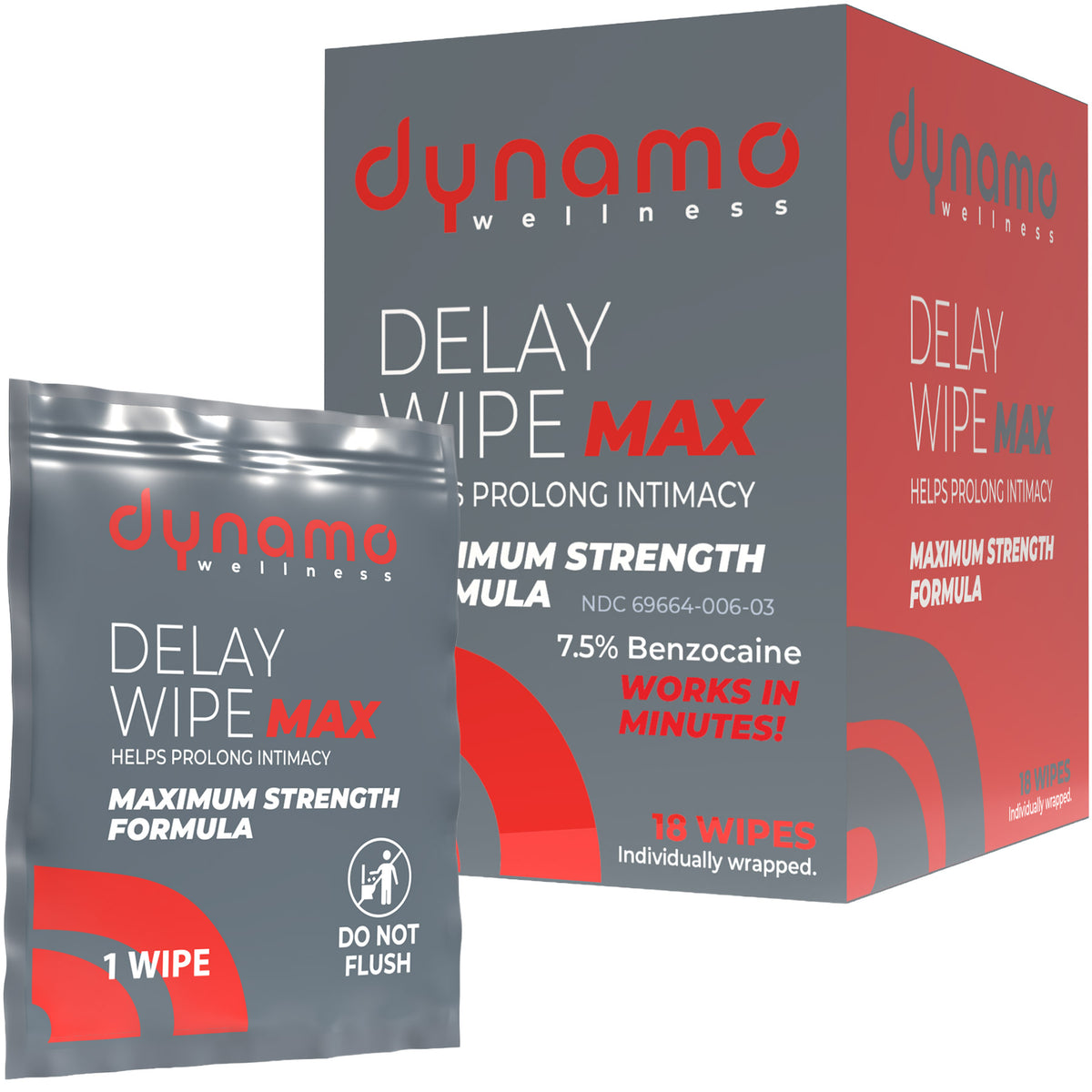 Dynamo Wellness Delay Wipe MAX 7.5% Benzocaine - 18 Wipes