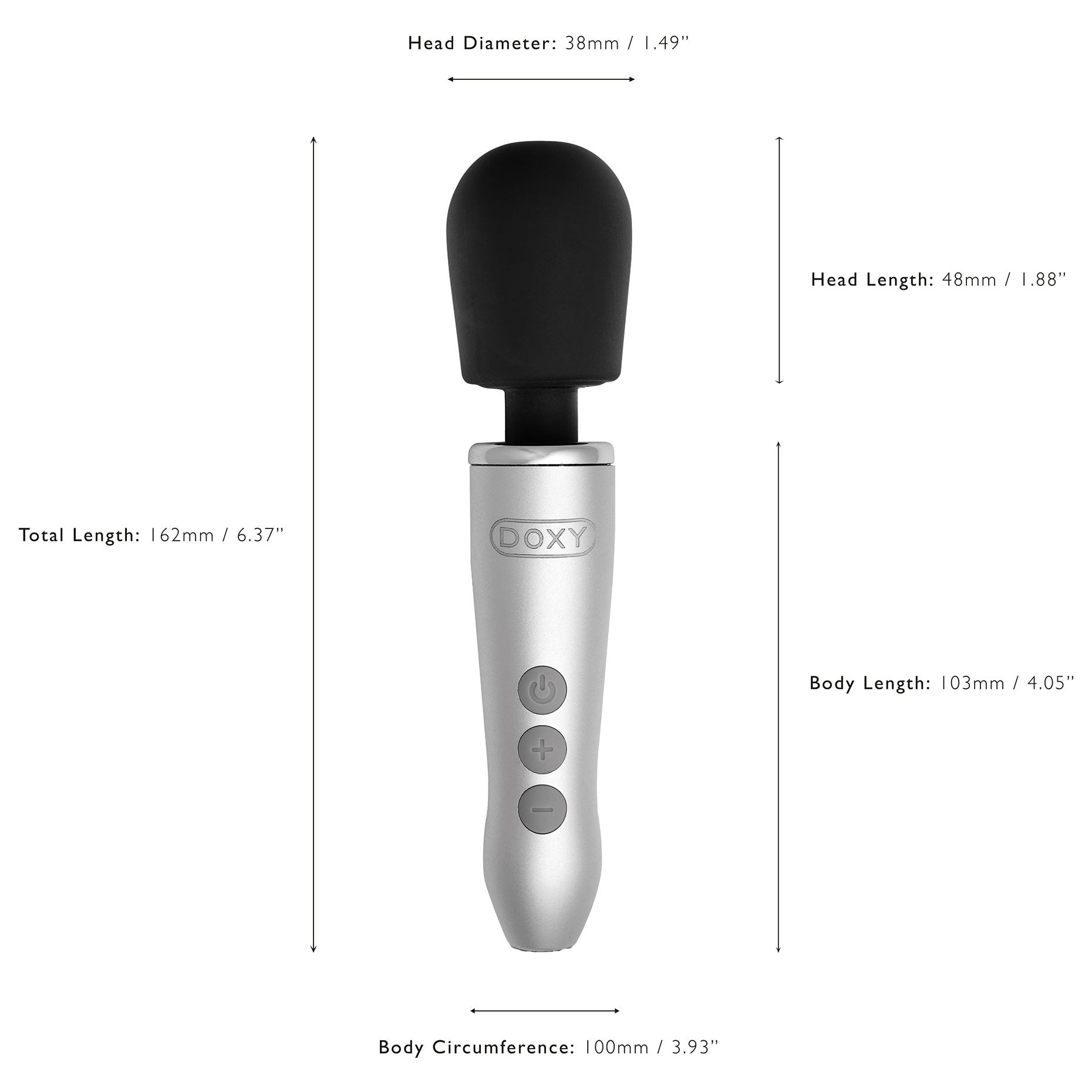 Doxy Go Aluminum Rechargeable Powerful Mini Massage Wand Vibrator - Measurements Graphic