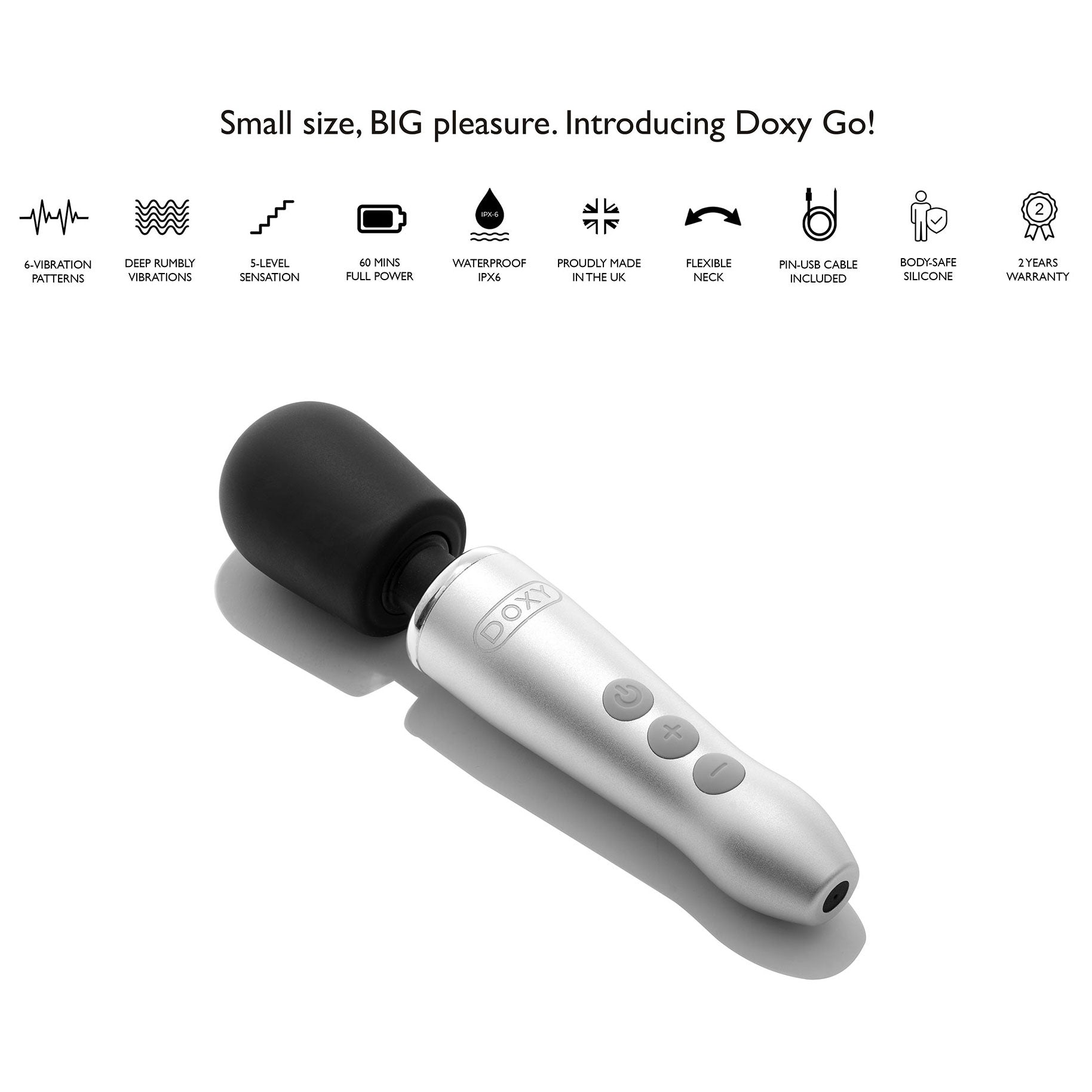 Doxy Go Aluminum Rechargeable Powerful Mini Massage Wand Vibrator - With Bullets Graphic