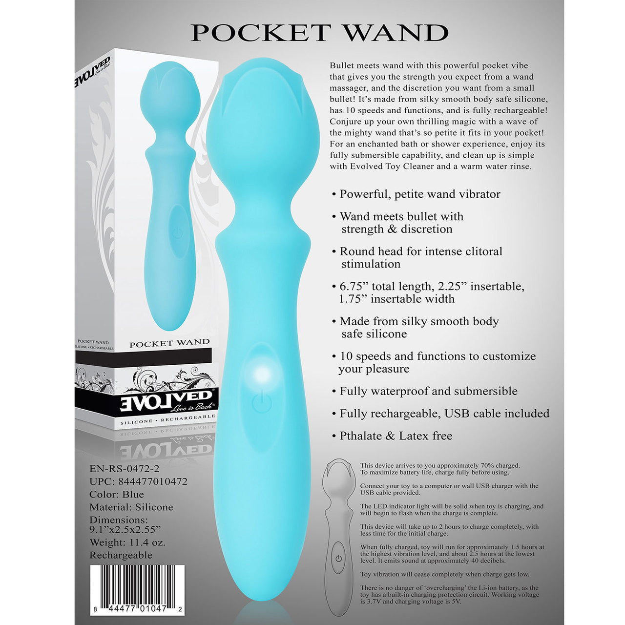 Pocket Wand Silicone Rechargeable Mini Wand Vibrator by Evolved Novelties 