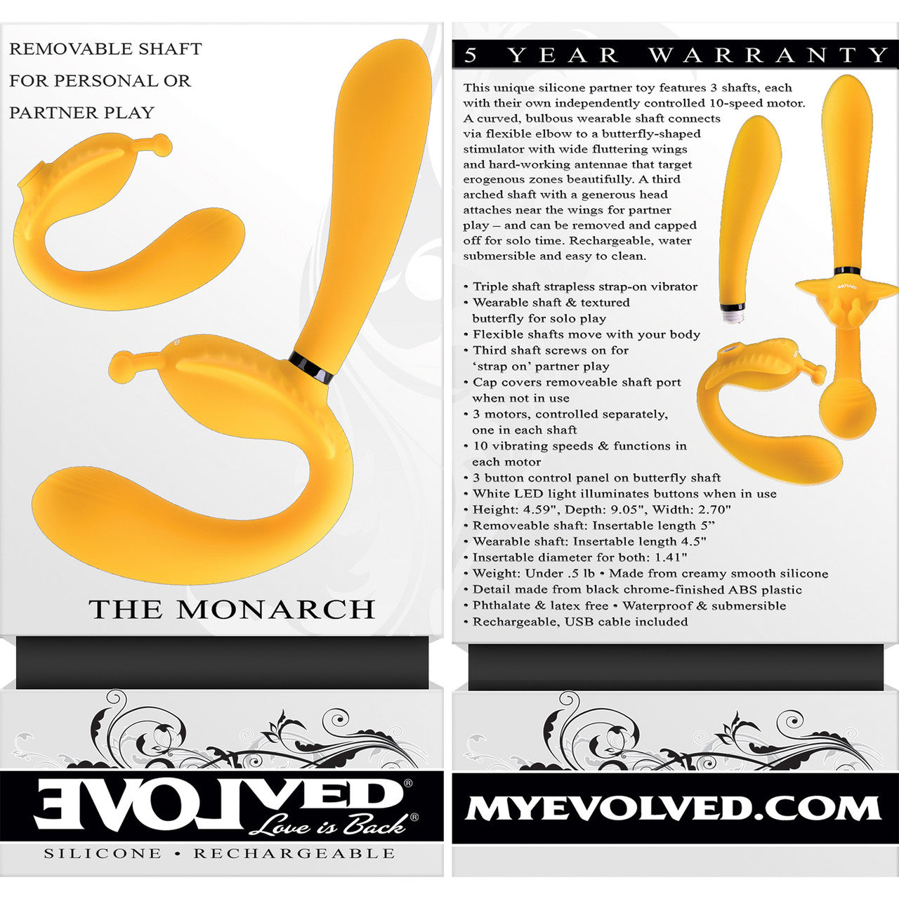 The Monarch Rechargeable Silicone Strapless Strap-On Vibrator With Removable Shaft By Evolved Novelties - Yellow