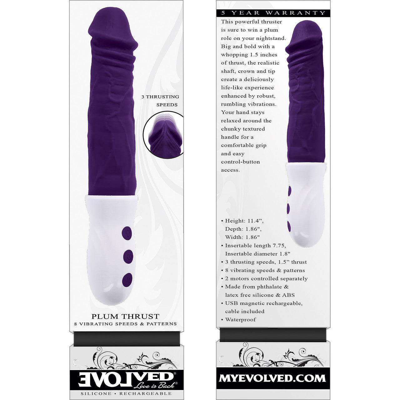 Plum Thrust Rechargeable Waterproof Thrusting & Vibrating Silicone Dildo By Evolved Novelties