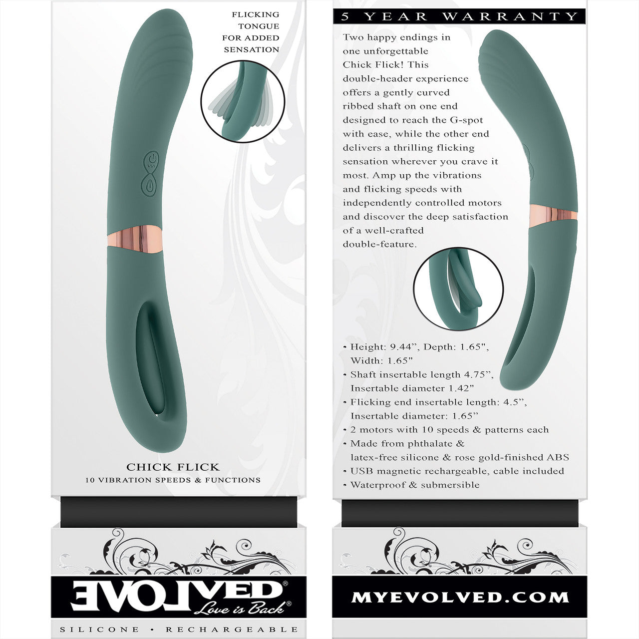 Chick Flick Waterproof Silicone Dual Ended Flickering Tongue G-Spot Vibrator By Evolved Novelties - Green