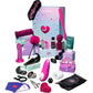 A Lovehoney branded adult wellness gift set arranged in front of a pastel gift box on a white background. The set includes multiple pink and black intimate accessories, small bottles, a tube, a pink fuzzy item, clear and black curved pieces, a black pouch, and small cards.
