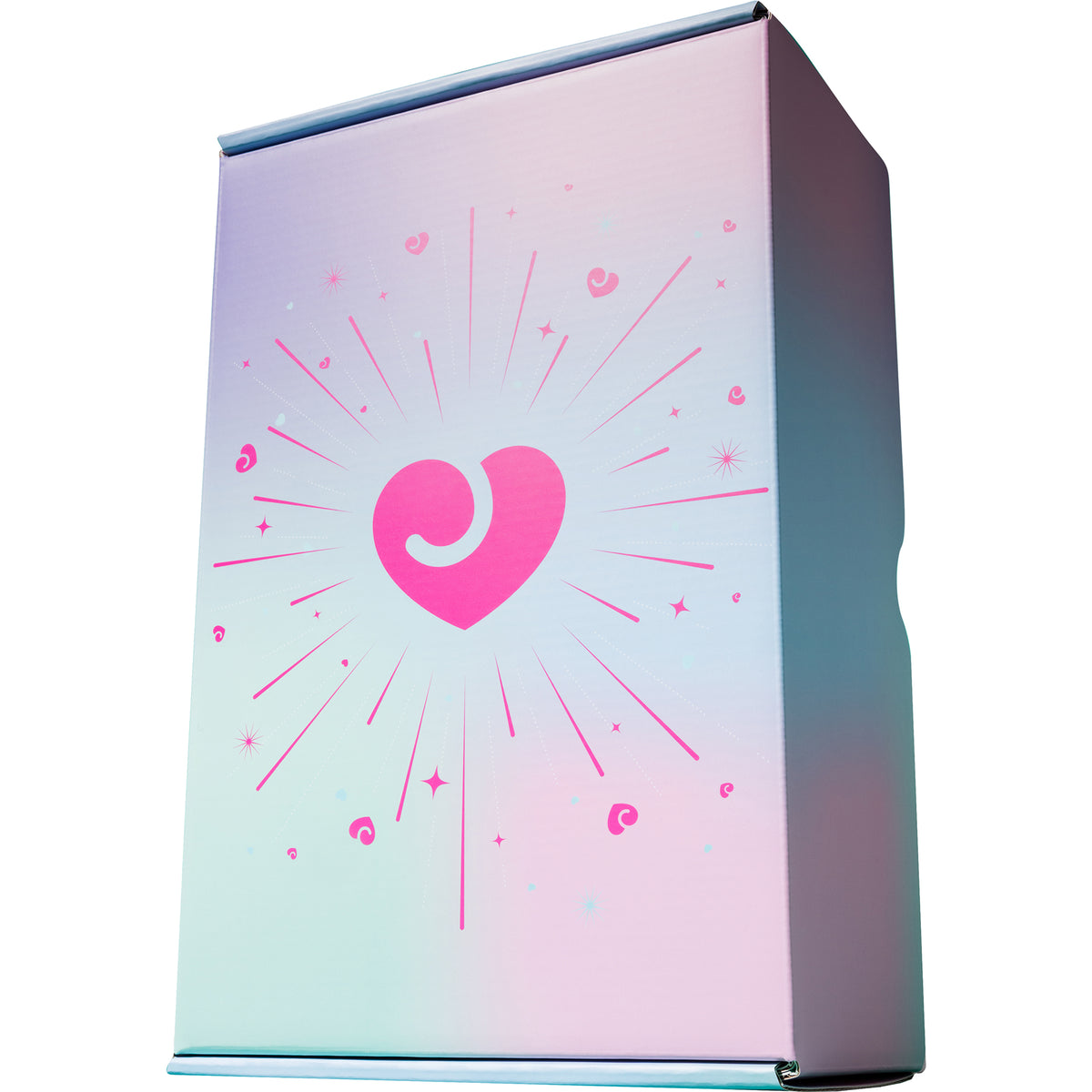 A tall rectangular box with a pastel iridescent gradient cover featuring a bright pink heart and radiating pink sparkles on the front, shown on a plain white background.