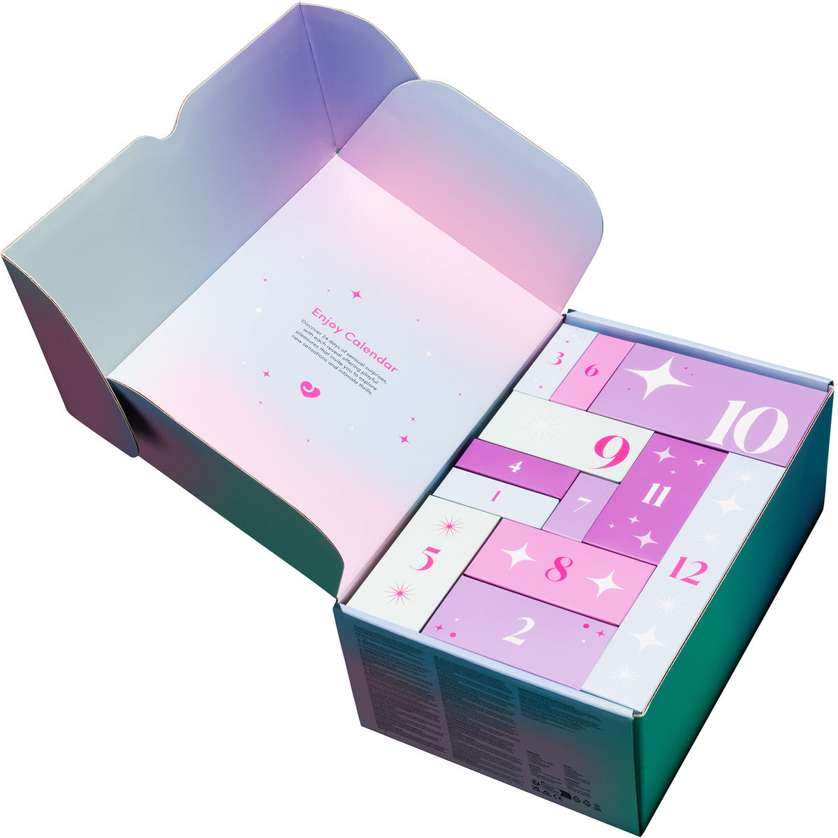An open iridescent gift box with pastel pink, purple, and blue gradients, revealing a numbered advent calendar inside with pastel pink and lavender boxes marked 1 through 12.