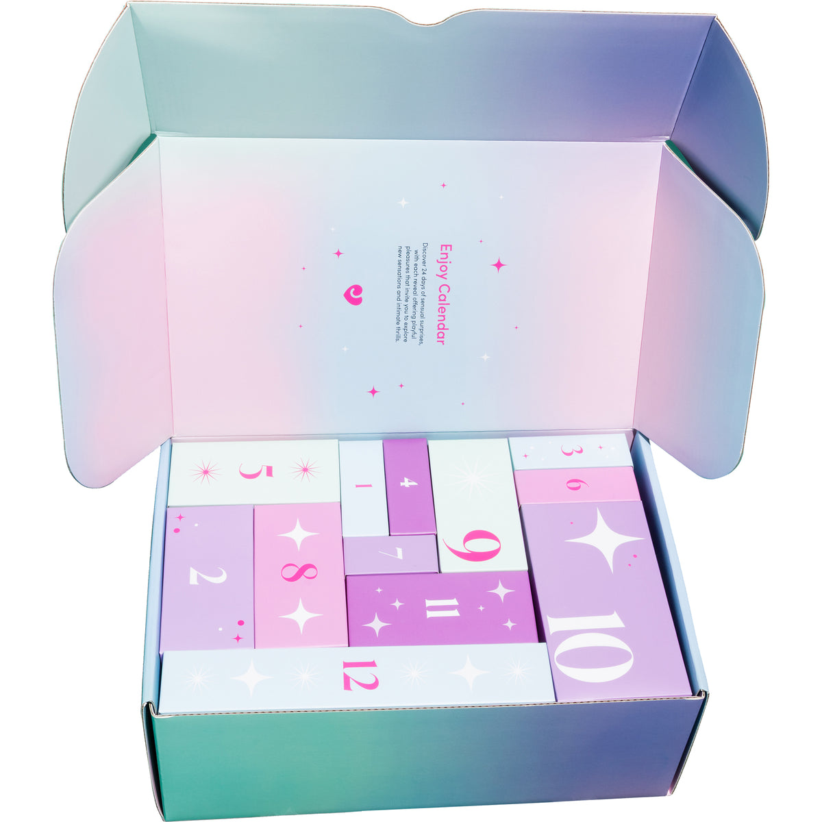 An open pastel gift box containing a pink and lavender advent calendar with numbered boxes, photographed on a clean white background.