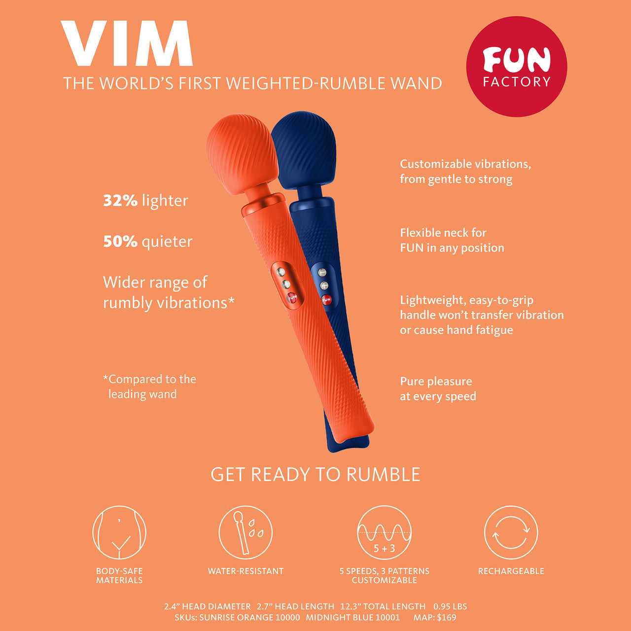 Fun Factory VIM Silicone Rechargeable Vibrating Weighted Rumble Wand - Sunrise Orange