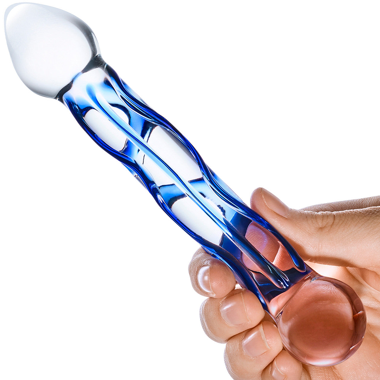 Gläs Full Tip Textured Glass Dildo - Clear & Blue