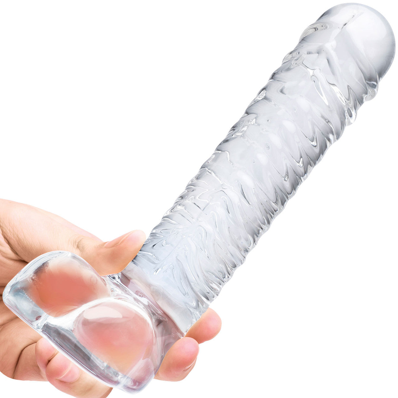 Gläs 8" Realistic Ribbed Glass Dildo With Balls - Clear