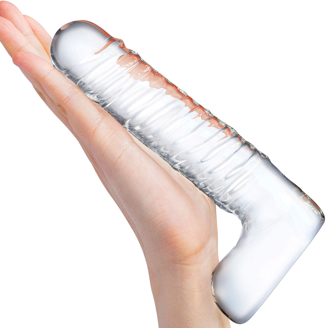 Gläs 8" Realistic Ribbed Glass Dildo With Balls - Clear