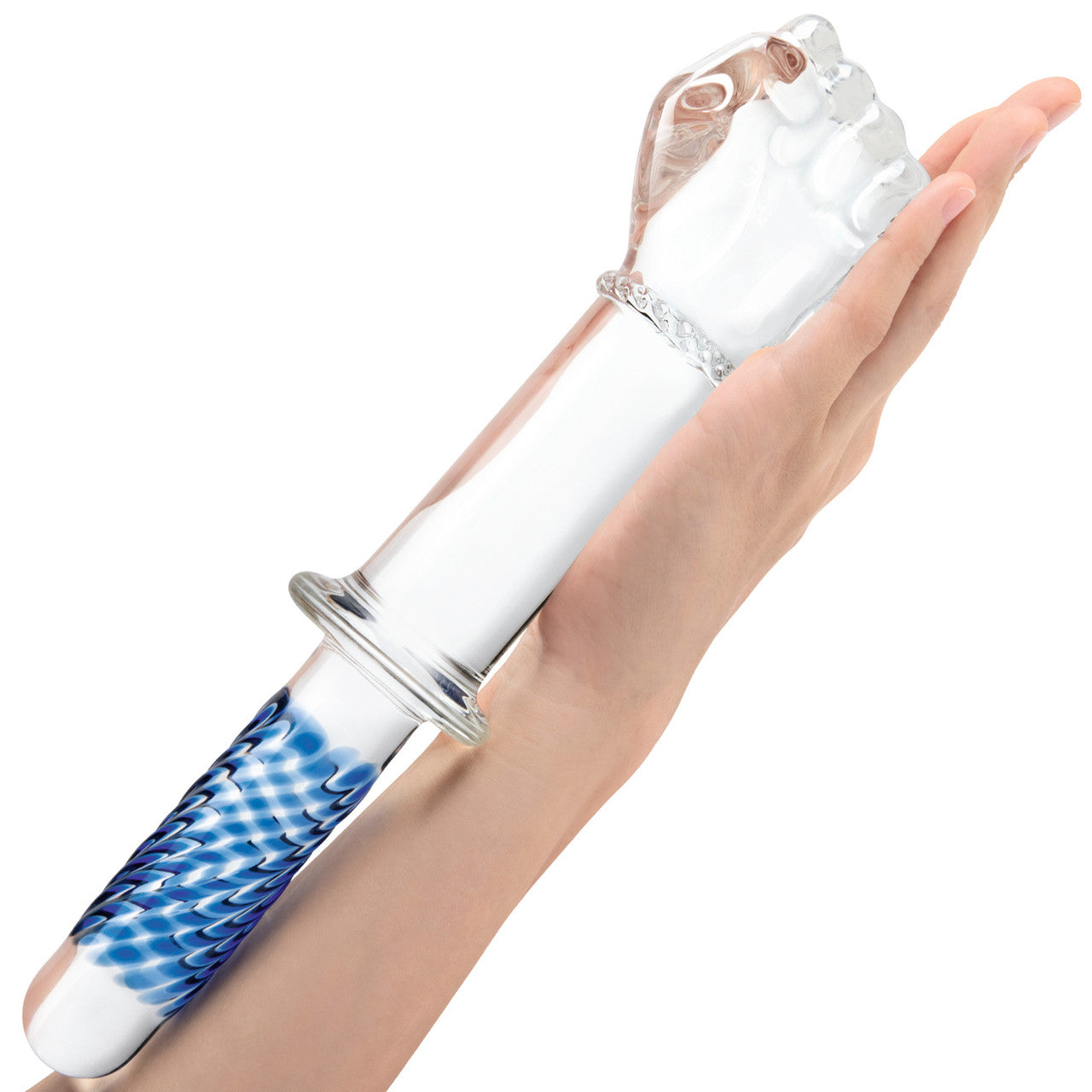 Gläs 11" Glass Fist Double Ended Dildo With Handle - Clear & Blue