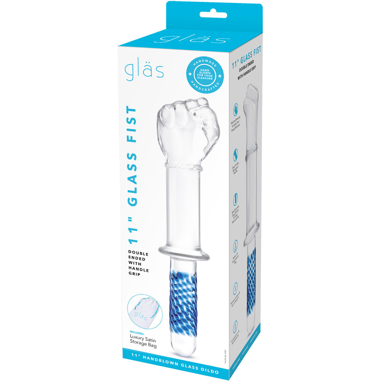 Gläs 11" Glass Fist Double Ended Dildo With Handle - Clear & Blue