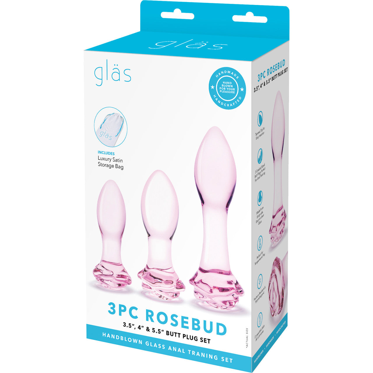 Gläs Rosebud Glass Butt Plug 3 Piece Anal Training Set - Pink