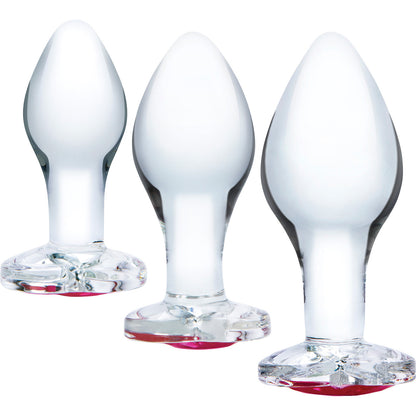 Gläs Heart Jewel Glass Butt Plug 3 Piece Anal Training Set - Clear With Pink Jewel