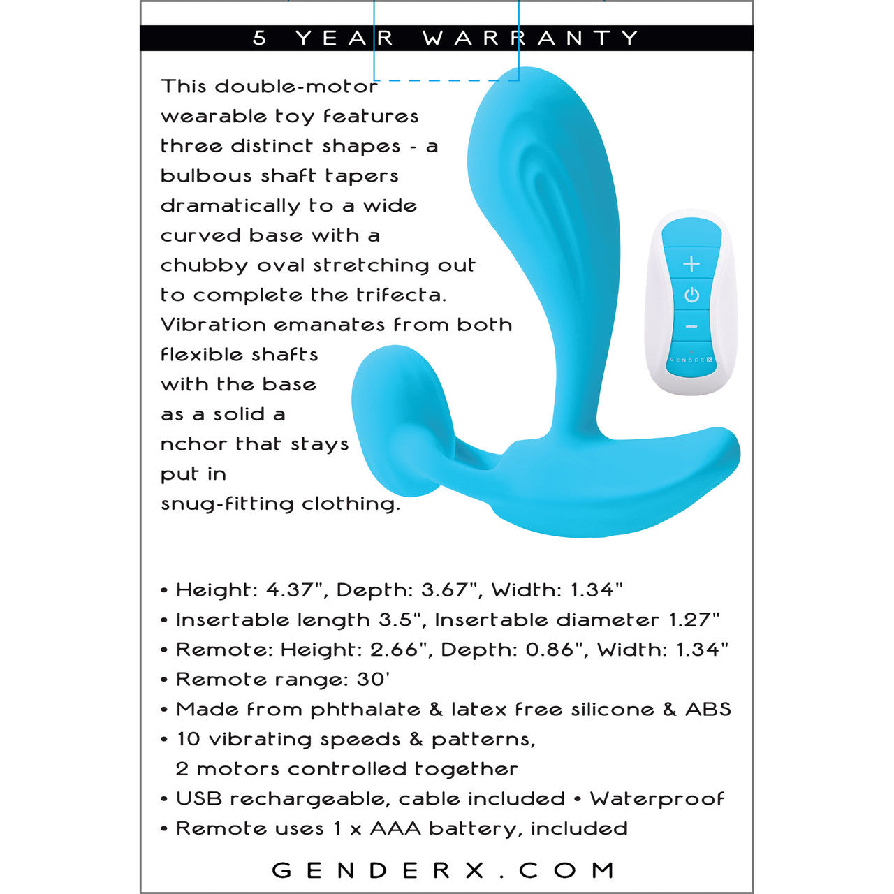 Gender X Wear Me Out Rechargeable Waterproof Silicone Wearable Vibrator With Remote - Blue